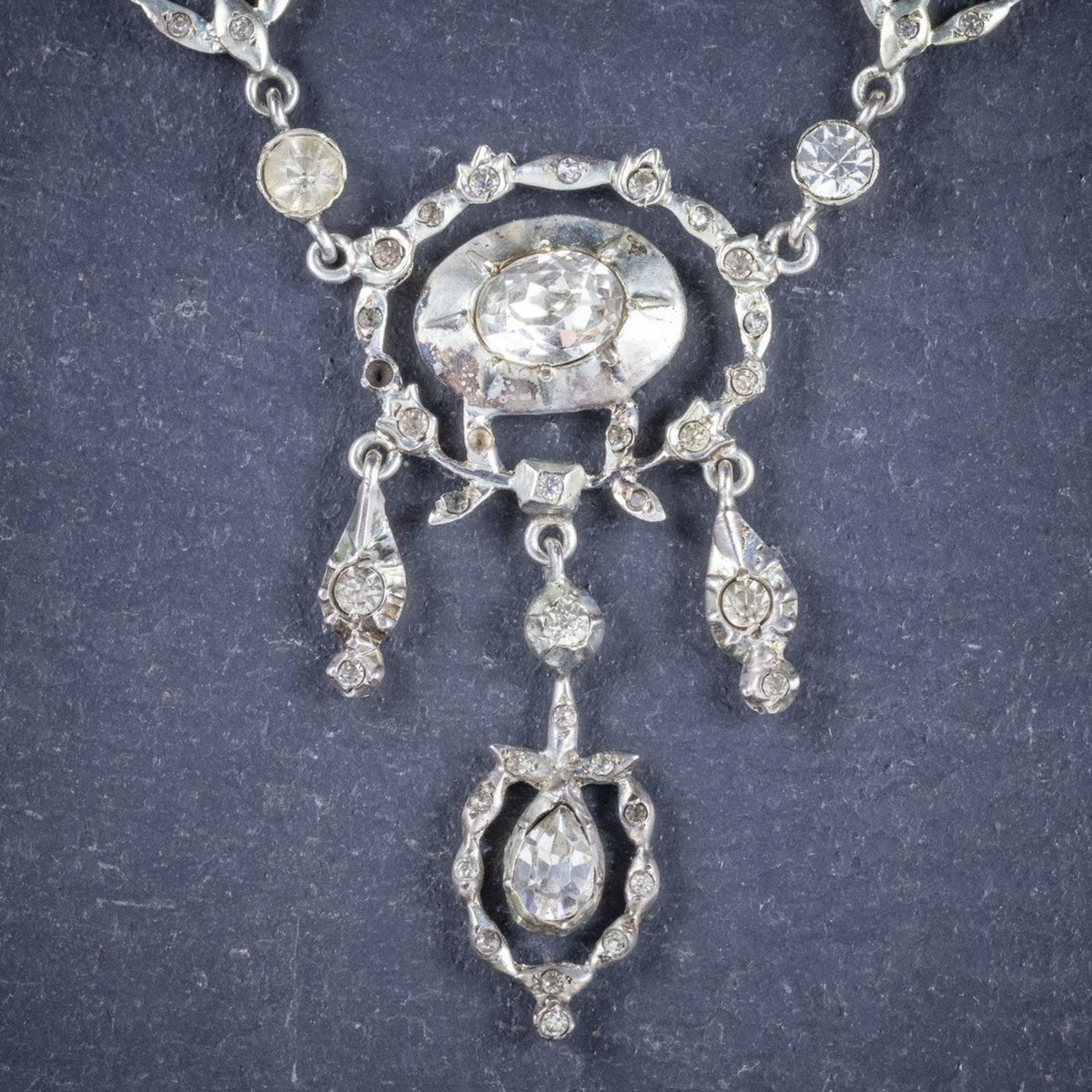 Antique Georgian Paste Silver Lavaliere Necklace, circa 1900 In Good Condition In Kendal, GB