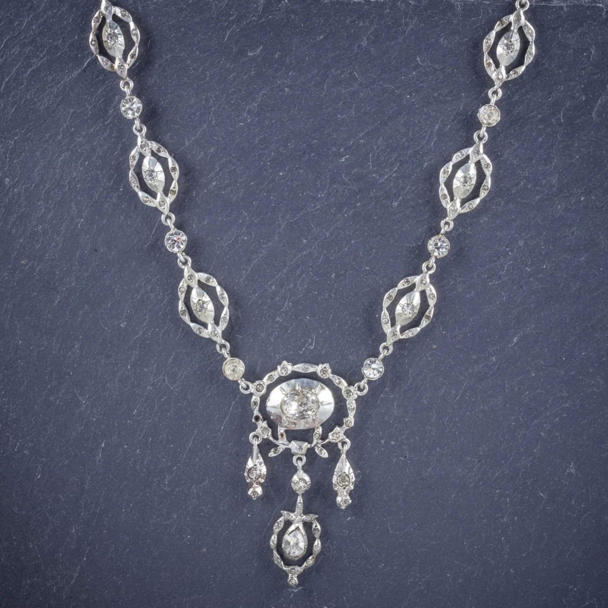 Women's Antique Georgian Paste Silver Lavaliere Necklace, circa 1900