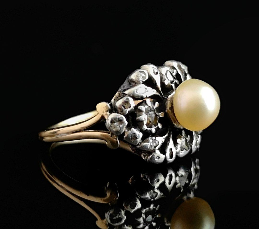 Antique Georgian Pearl and Diamond Ring, 18 Karat Gold and Silver, Conversion 6
