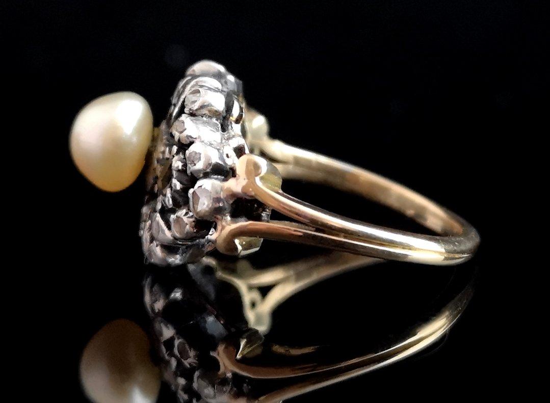 Rose Cut Antique Georgian Pearl and Diamond Ring, 18 Karat Gold and Silver, Conversion