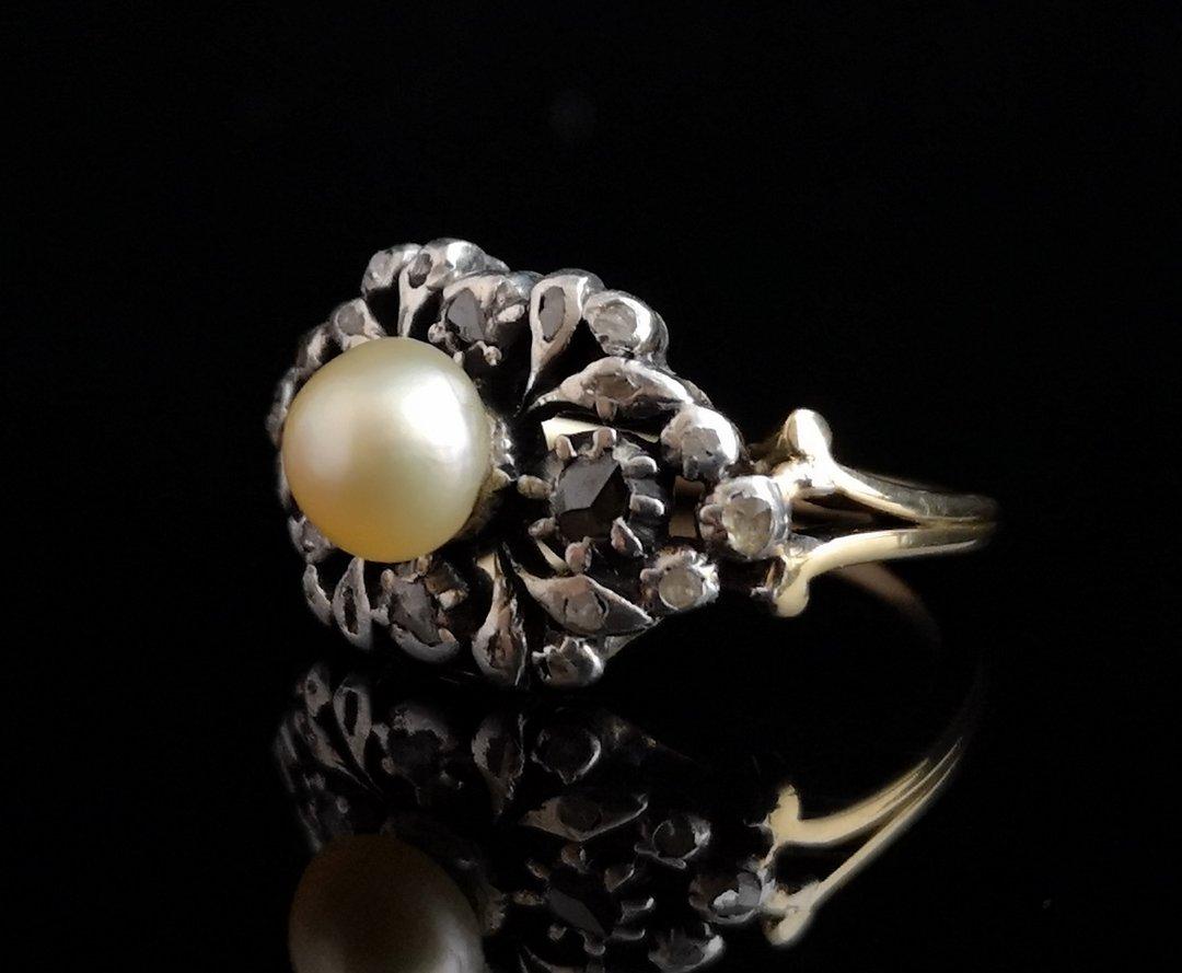 Women's Antique Georgian Pearl and Diamond Ring, 18 Karat Gold and Silver, Conversion