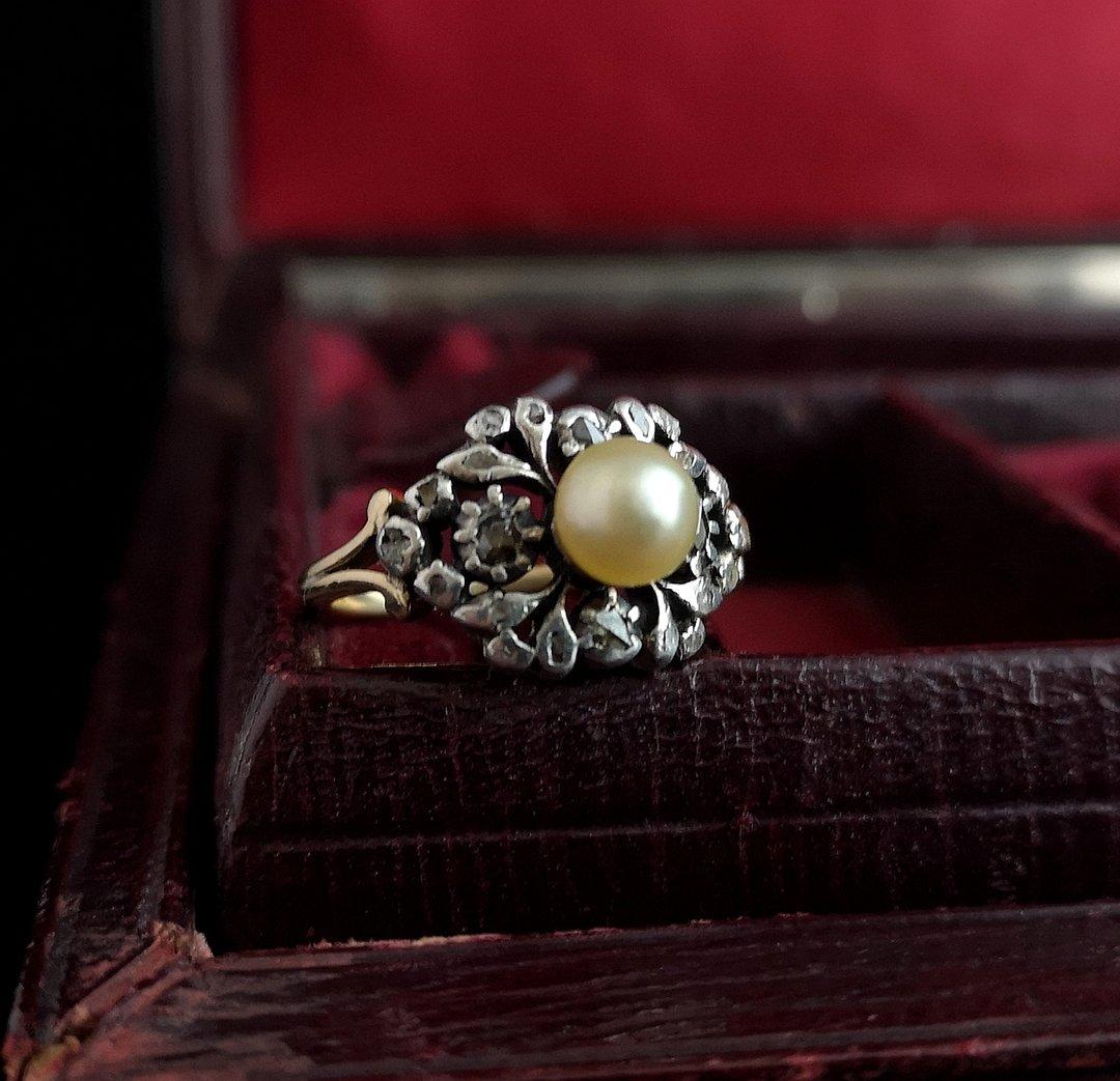 Antique Georgian Pearl and Diamond Ring, 18 Karat Gold and Silver, Conversion 3