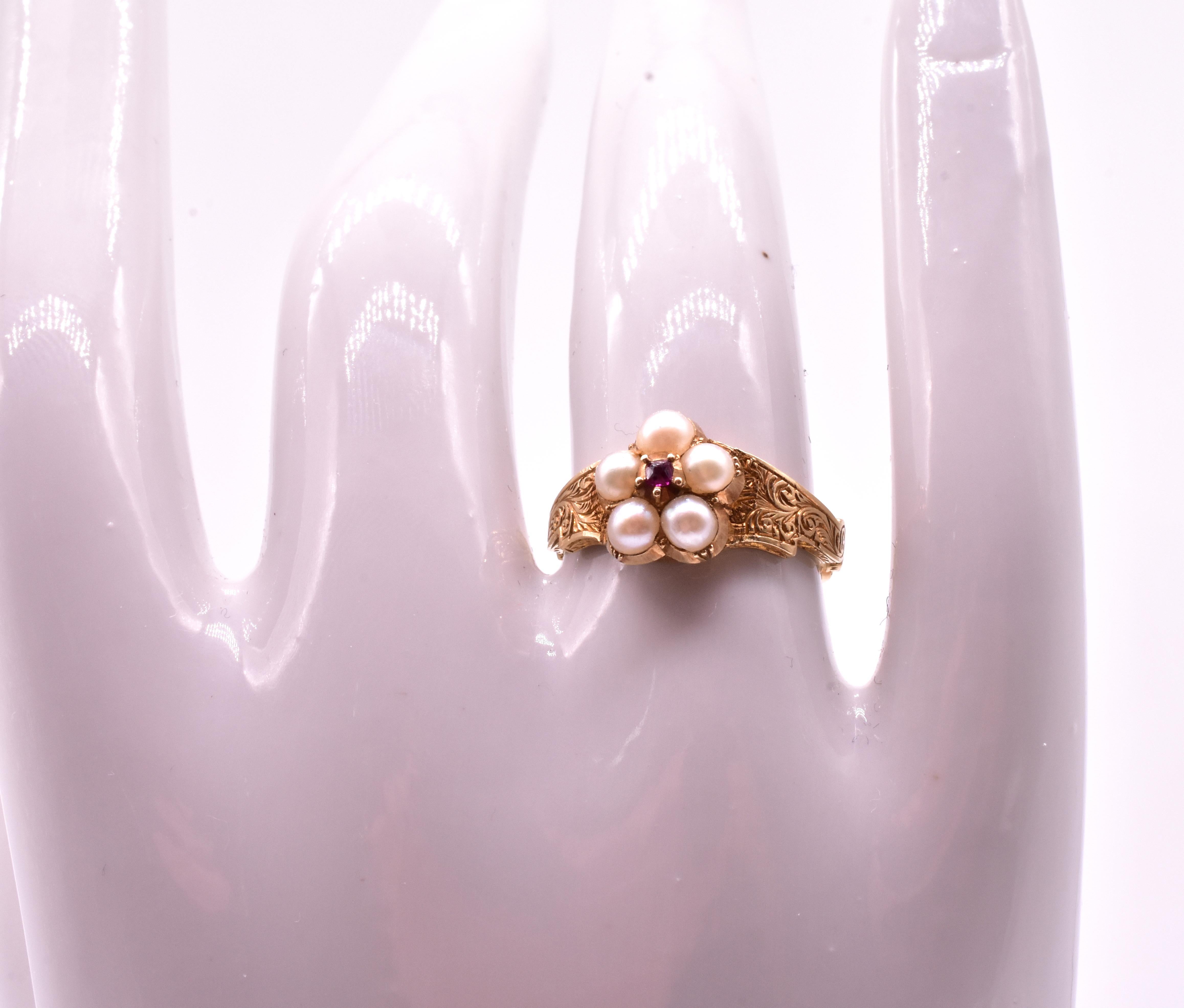 Old European Cut Antique Pearl Forget Me Not 18K Ring with Pink Sapphire Center, circa 1830