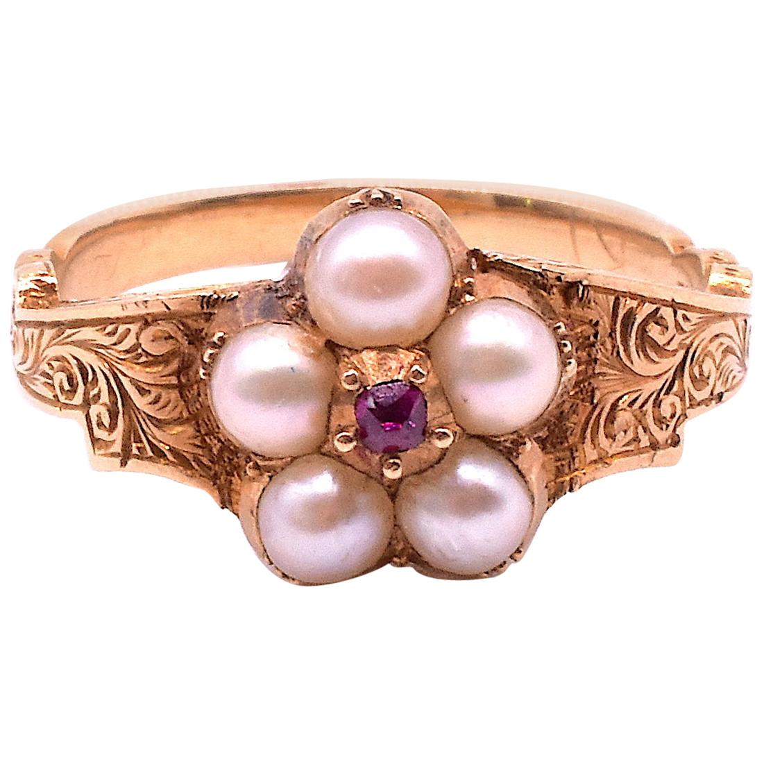 Antique Pearl Forget Me Not 18K Ring with Pink Sapphire Center, circa 1830