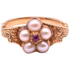 Antique Pearl Forget Me Not 18K Ring with Pink Sapphire Center, circa 1830