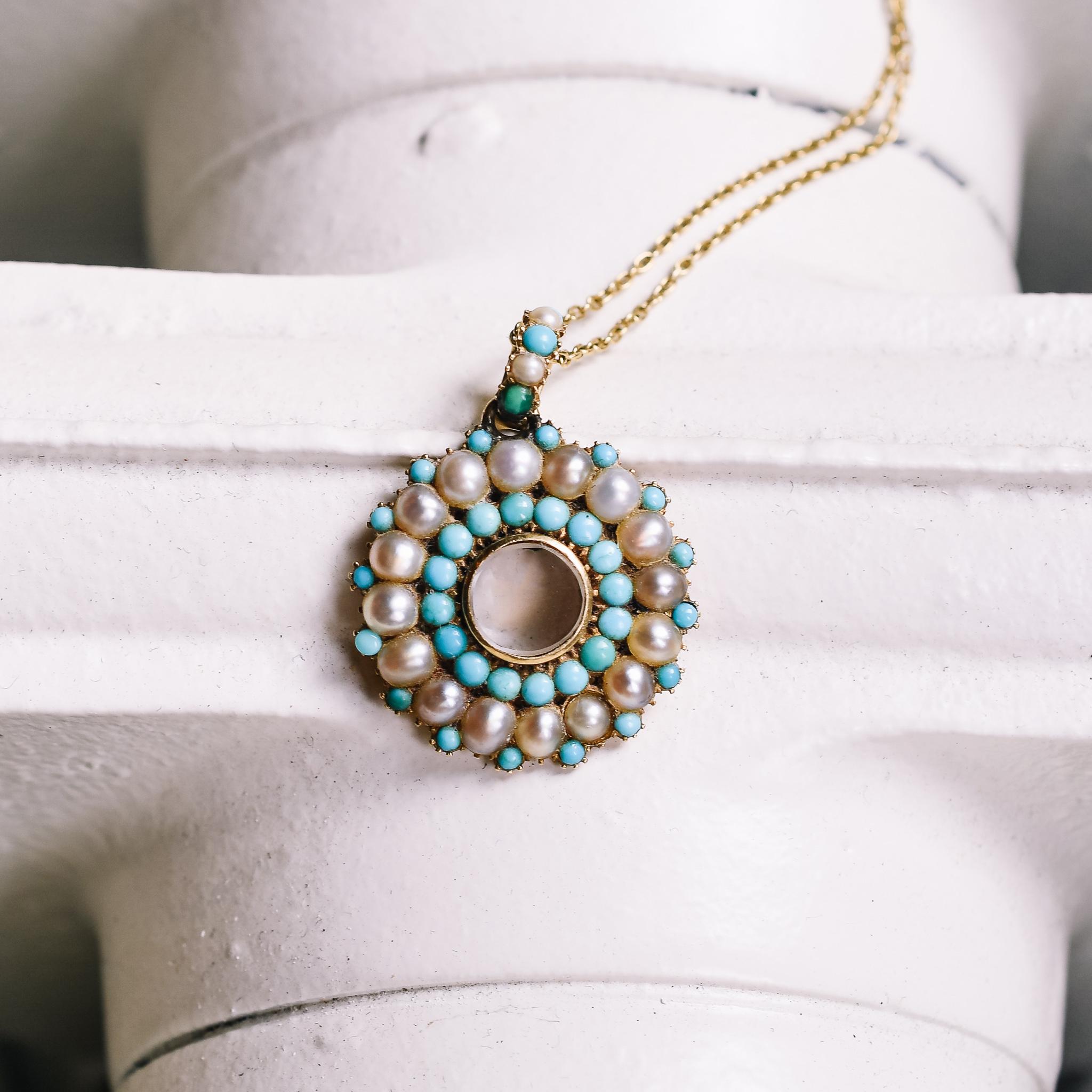 Women's Antique Georgian Pearl Turquoise Round Locket