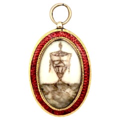 Antique Georgian Pendant Gold Red Guilloché Enamal Sepia Painting Initials ME