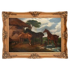 Antique Georgian Period Oil Painting of Horses