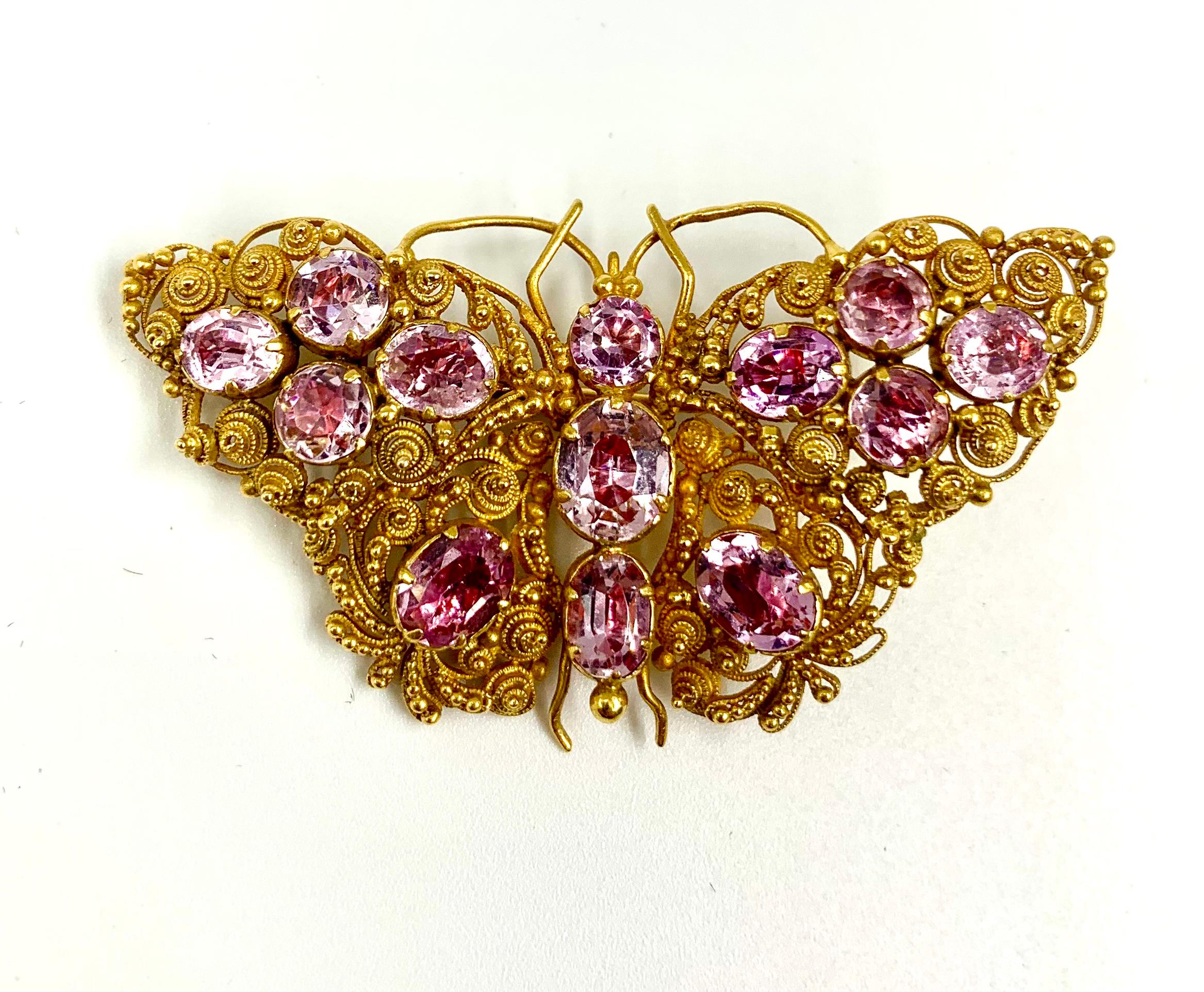 Antike georgianische Schmetterlingsbrosche aus 18 Karat Cannetille mit rosa Turmalin und Gold im Angebot 6