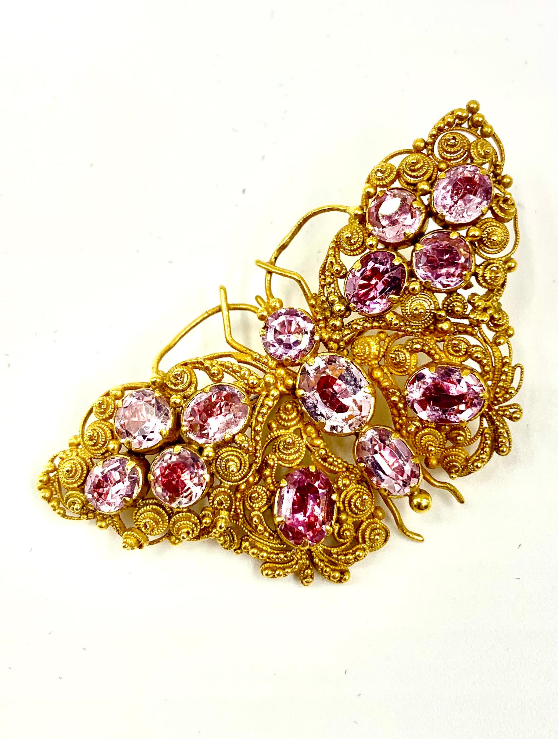 Antique Georgian Pink Tourmaline 18k Cannetille Gold Butterfly Brooch For Sale 7