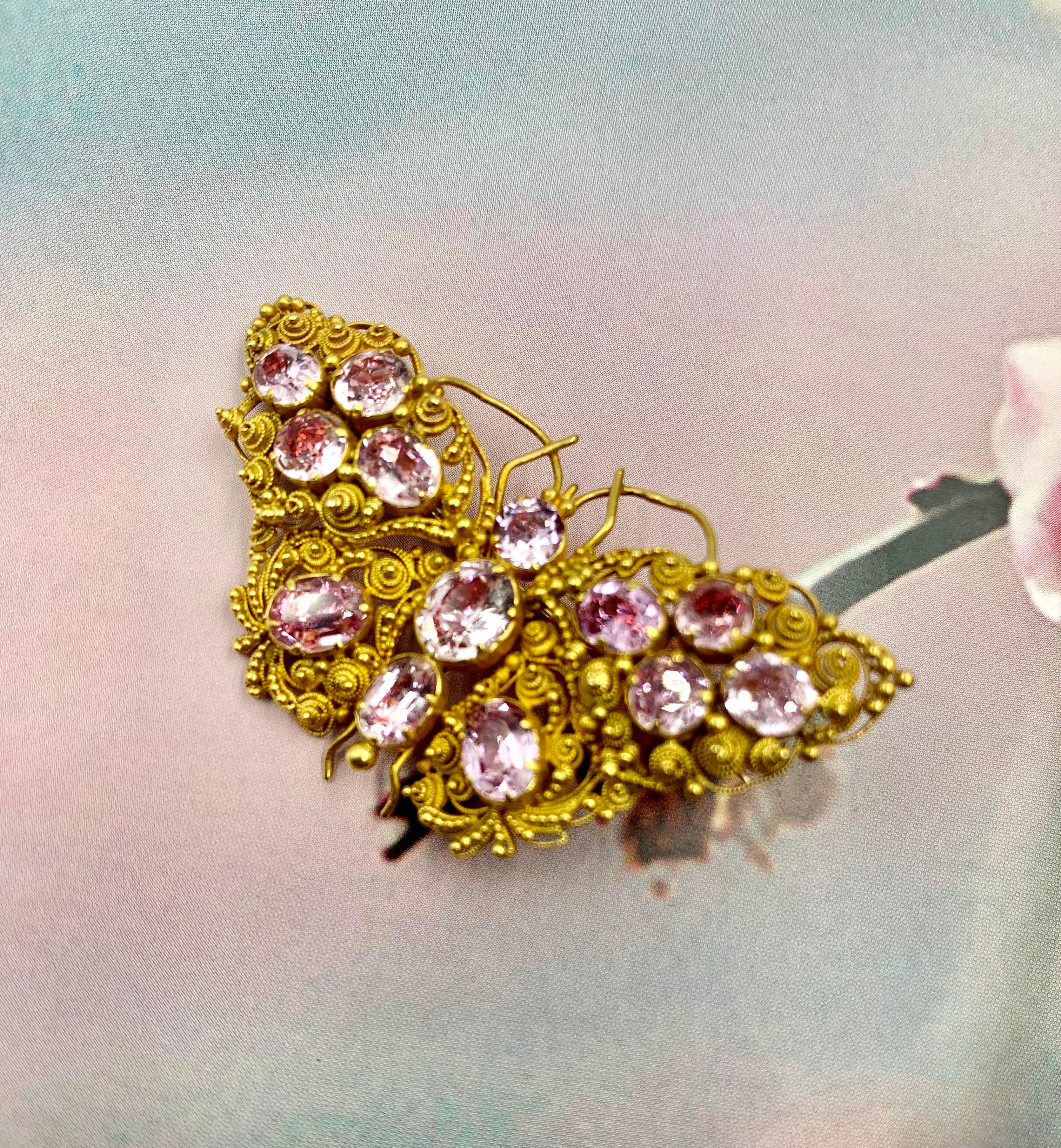 Mixed Cut Antique Georgian Pink Tourmaline 18k Cannetille Gold Butterfly Brooch For Sale