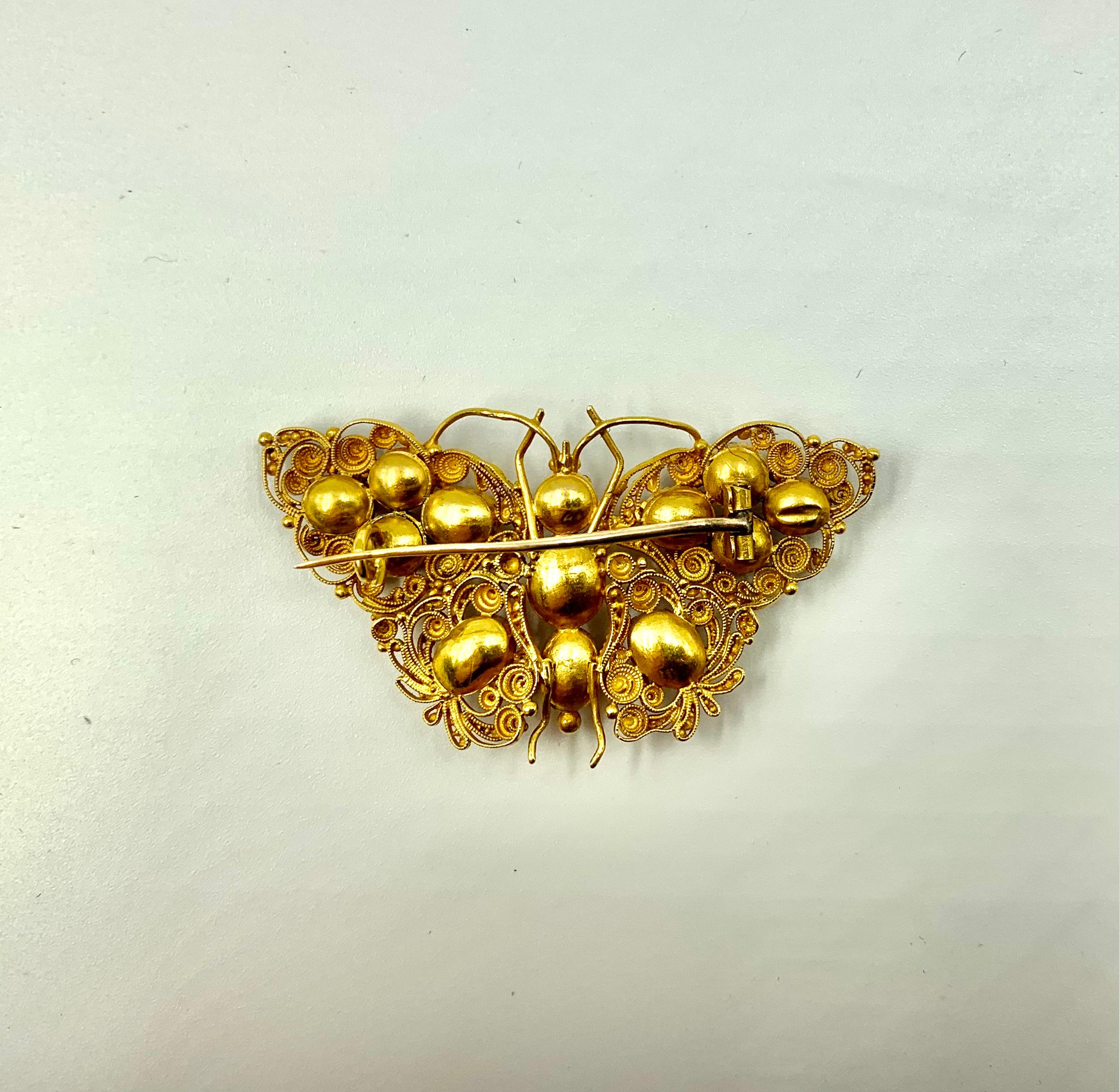 Women's or Men's Antique Georgian Pink Tourmaline 18k Cannetille Gold Butterfly Brooch For Sale