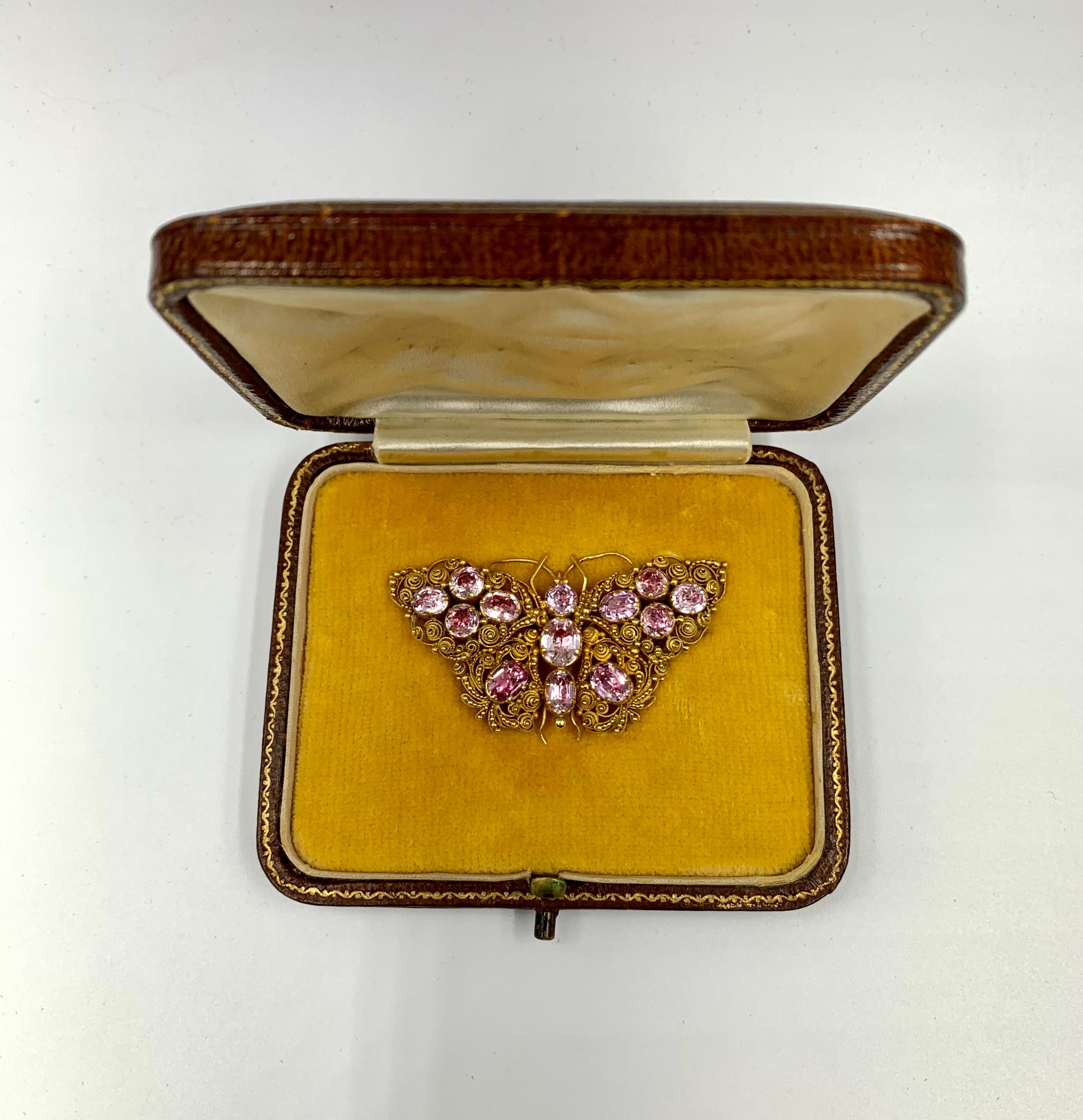 Antique Georgian Pink Tourmaline 18k Cannetille Gold Butterfly Brooch For Sale 2