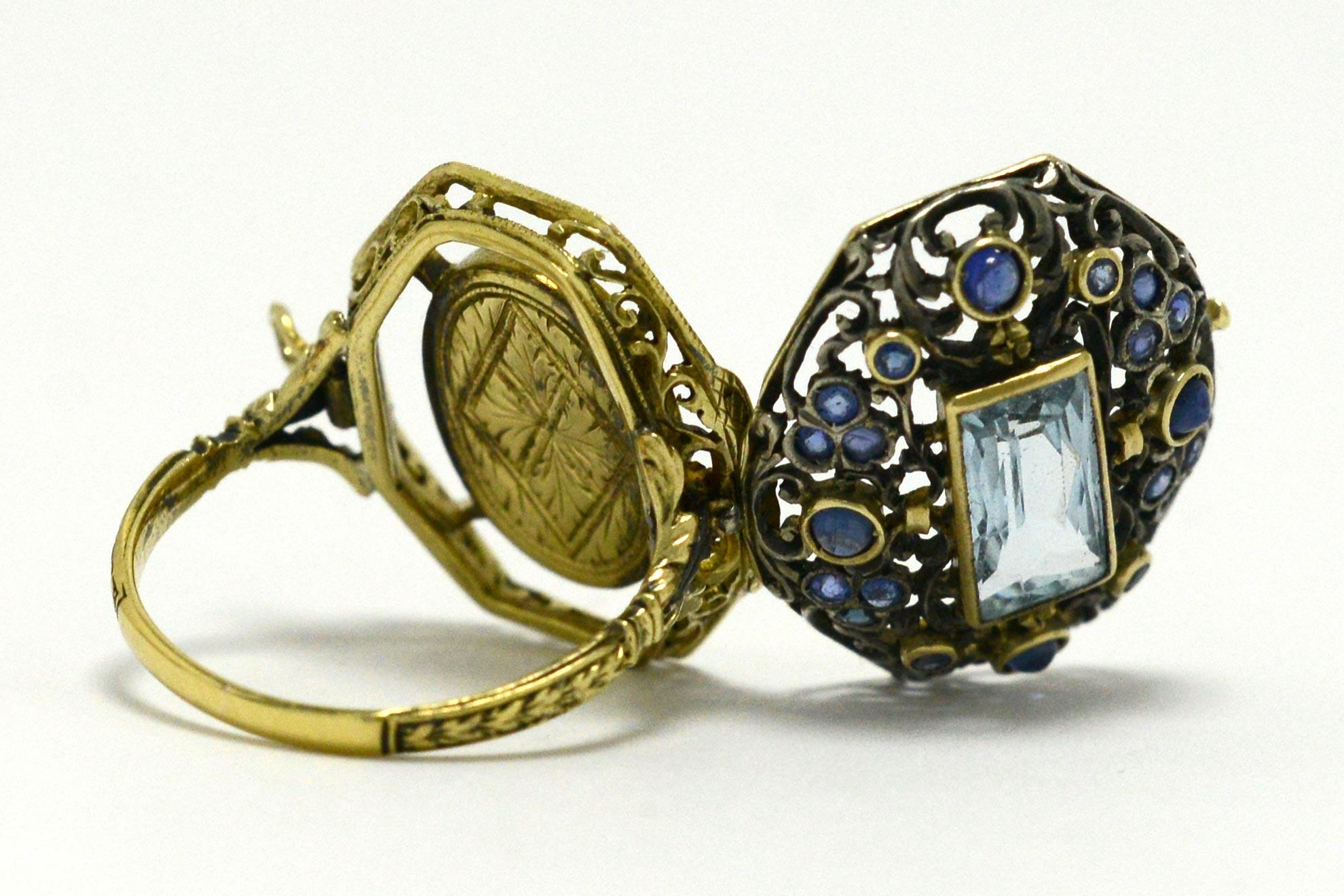 Women's Georgian Poison Ring Casket Aquamarine and Sapphire 18 Karat Gold Silver, 1850