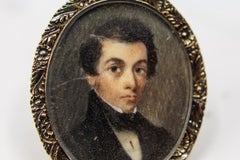 Antique Georgian Portrait Painting in 16 Karat Gold Brooch, Hand Painted