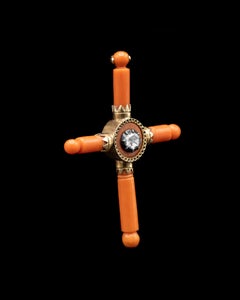 Antique Georgian Precious Coral Diamond Cross Pendant Gold Silver 19th Century