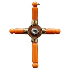 Antique Georgian Precious Coral Diamond Cross Pendant Gold Silver 19th Century