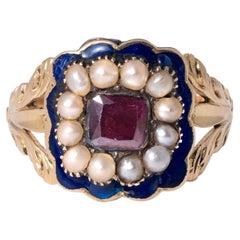 Antique Georgian Regency 1820 Mourning Garnet & Seed Pearl Yellow Gold Ring