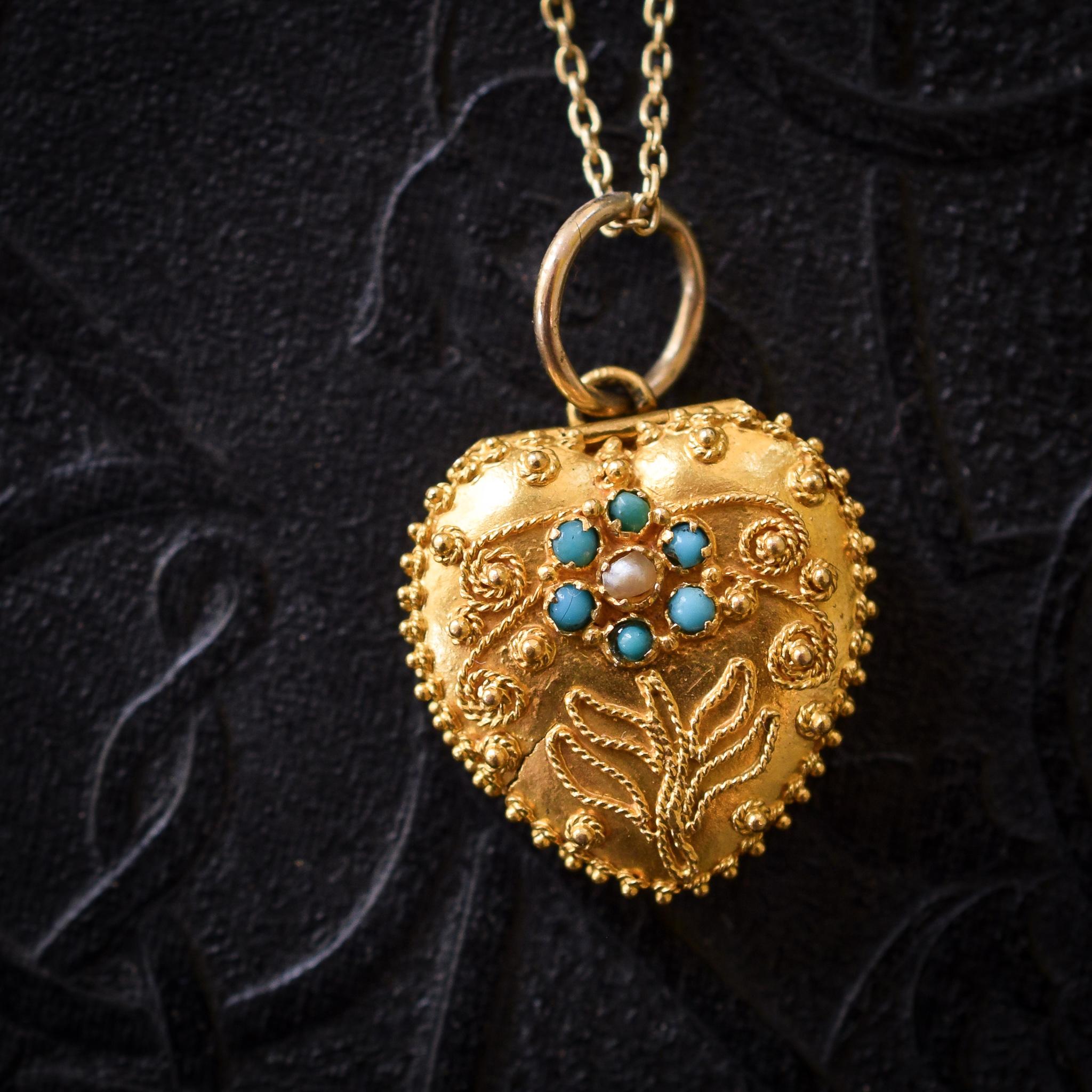 Antique Georgian Regency Forget-Me-Not Heart Locket Pendant 2