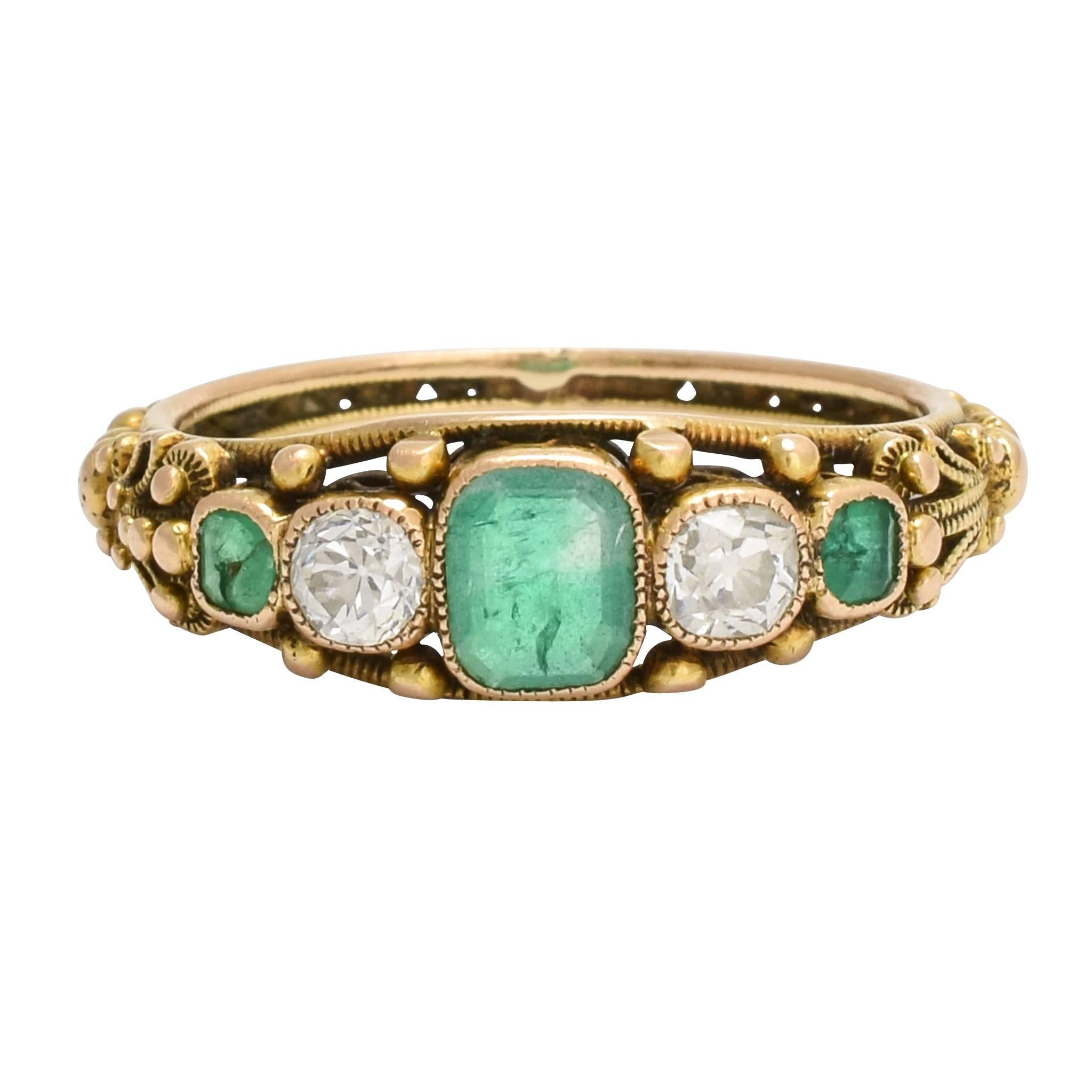 Antique Georgian Regency Period Emerald Diamond Filigree Ring