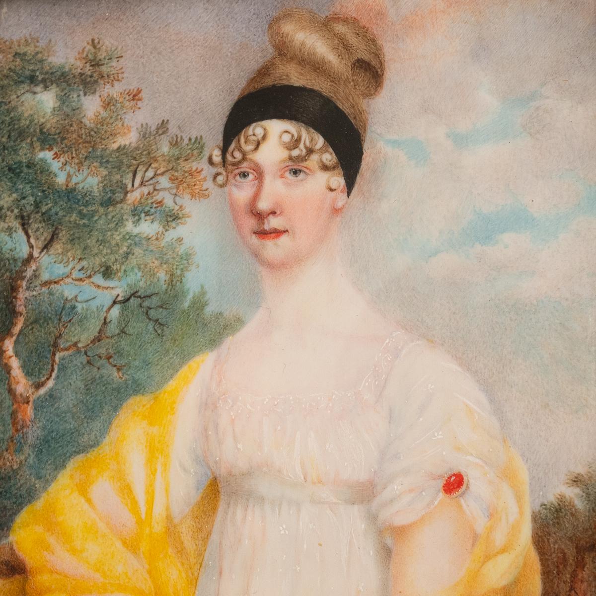 Regency Ancienne peinture miniature de l'époque de la Régence géorgienne Portrait d'une dame 1810  en vente