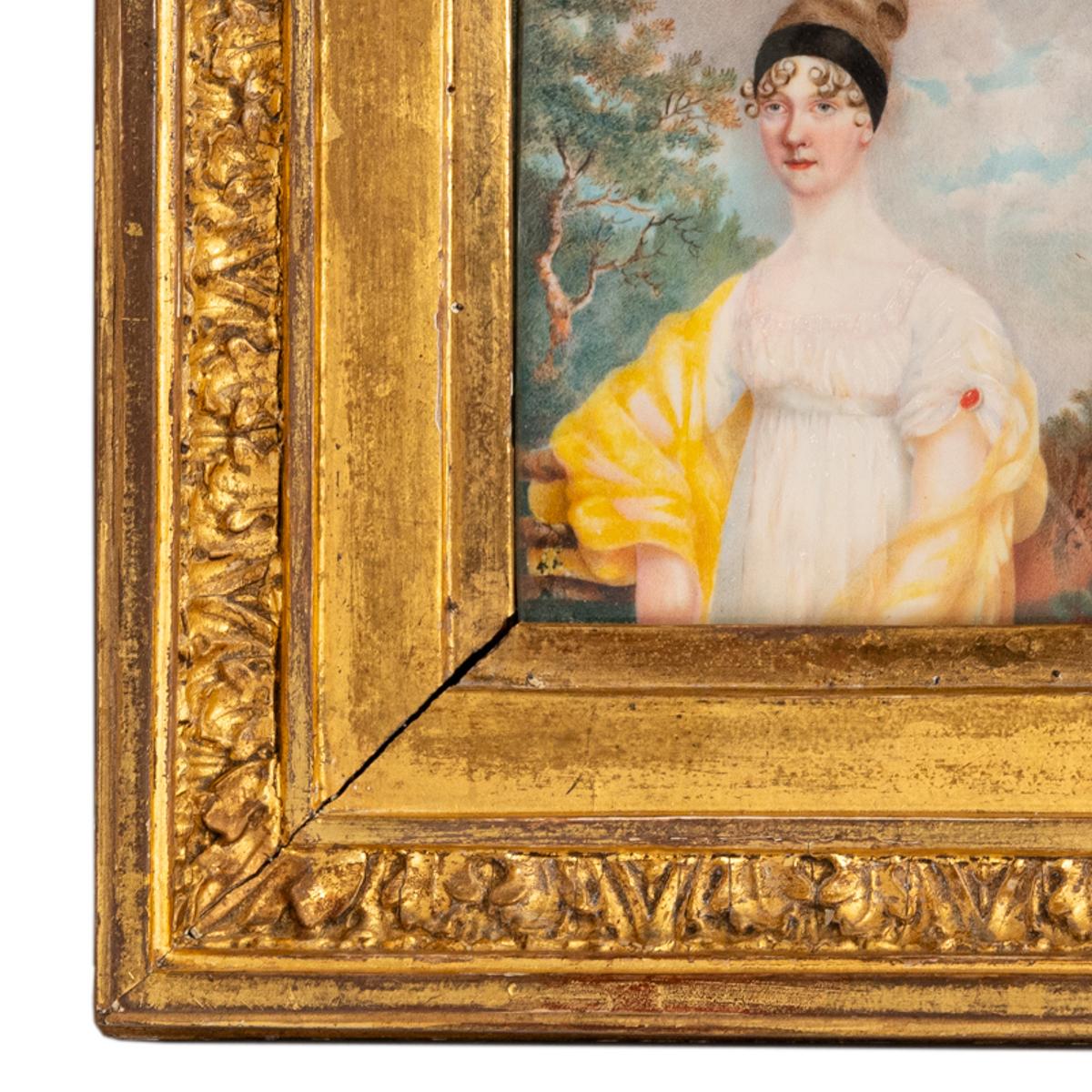 Début du XIXe siècle Ancienne peinture miniature de l'époque de la Régence géorgienne Portrait d'une dame 1810  en vente