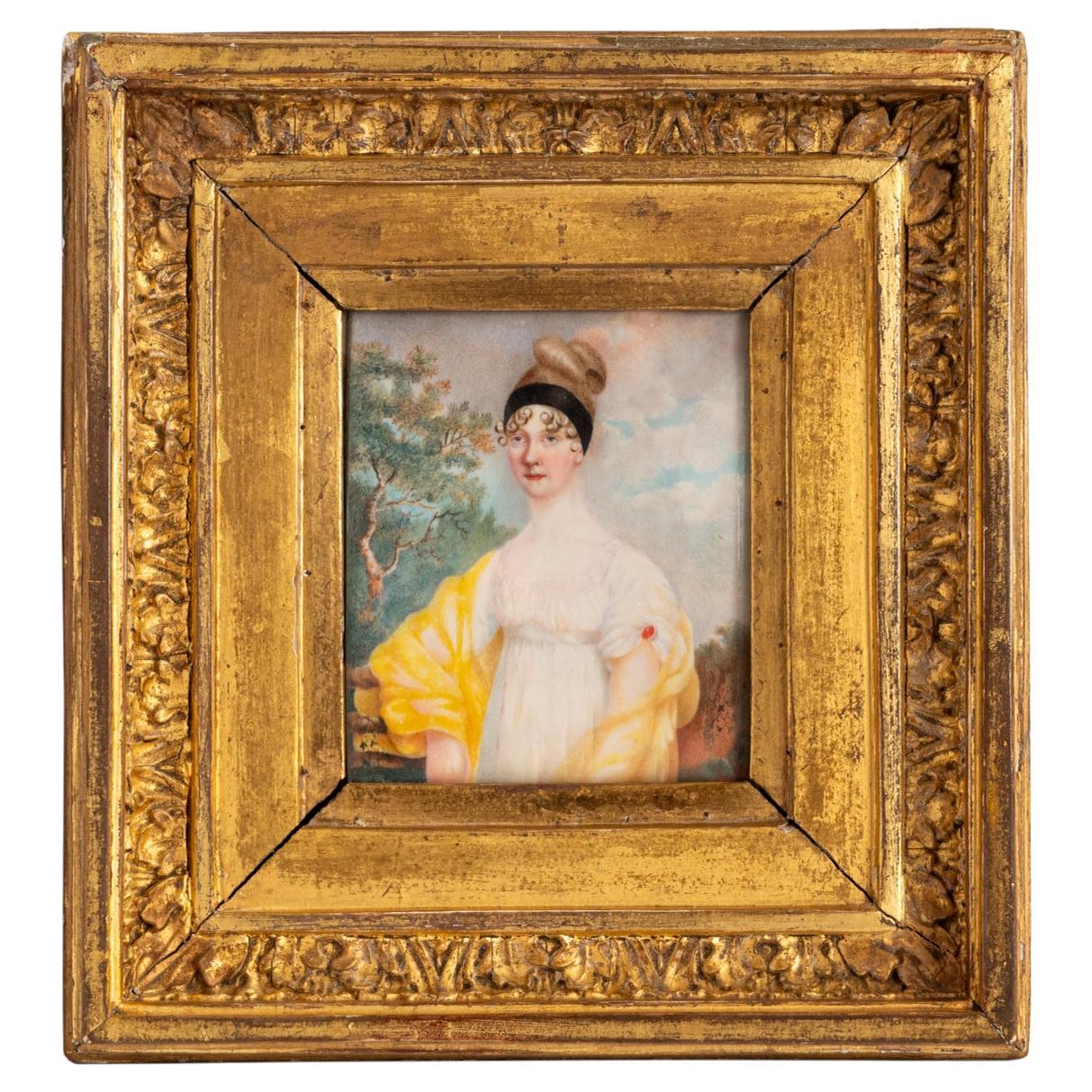 Ancienne peinture miniature de l'époque de la Régence géorgienne Portrait d'une dame 1810 