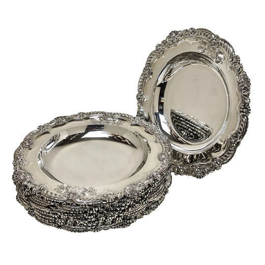 Antique Georgian Regency Set of 12 Silver Soup Plates 1820