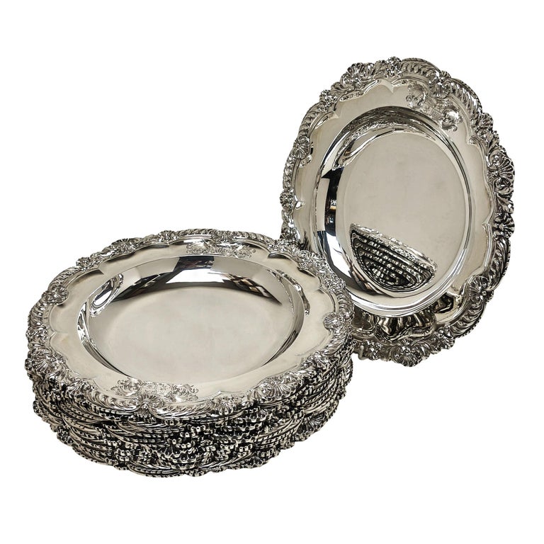 Antique Georgian Regency Set of 12 Silver Soup Plates 1820