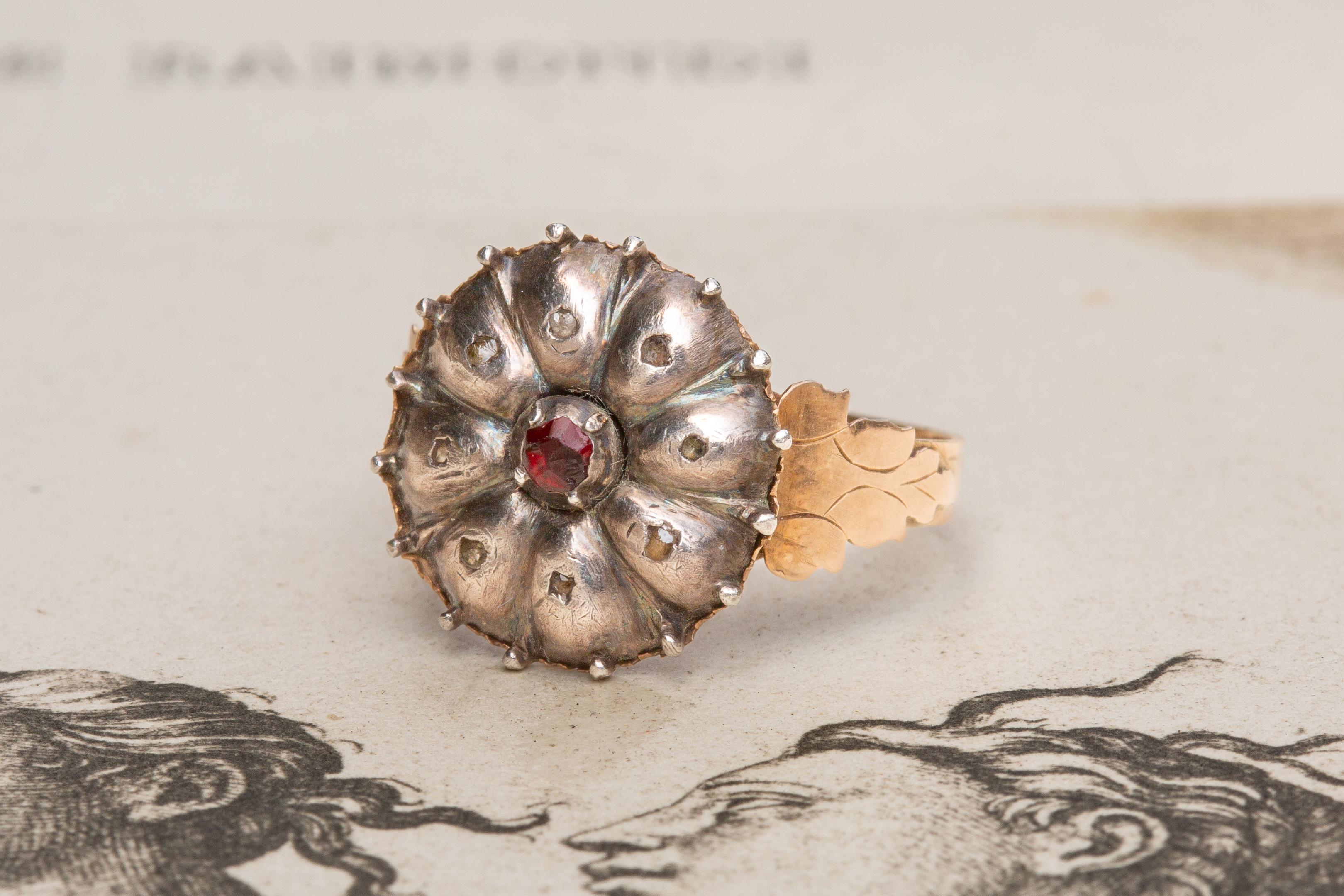 Rococo Antique Georgian Regional Garnet and Topaz Cluster Flower Ring c.1800 For Sale