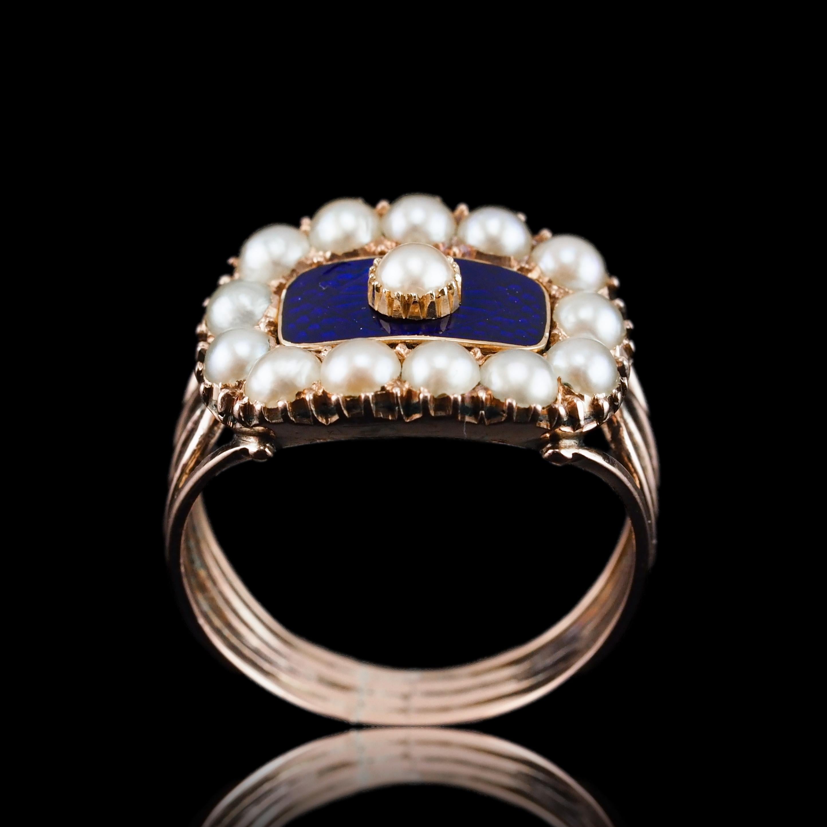 Antique Georgian Ring Blue Enamel & Seed Pearl 14K Gold - c.1800 For Sale 7
