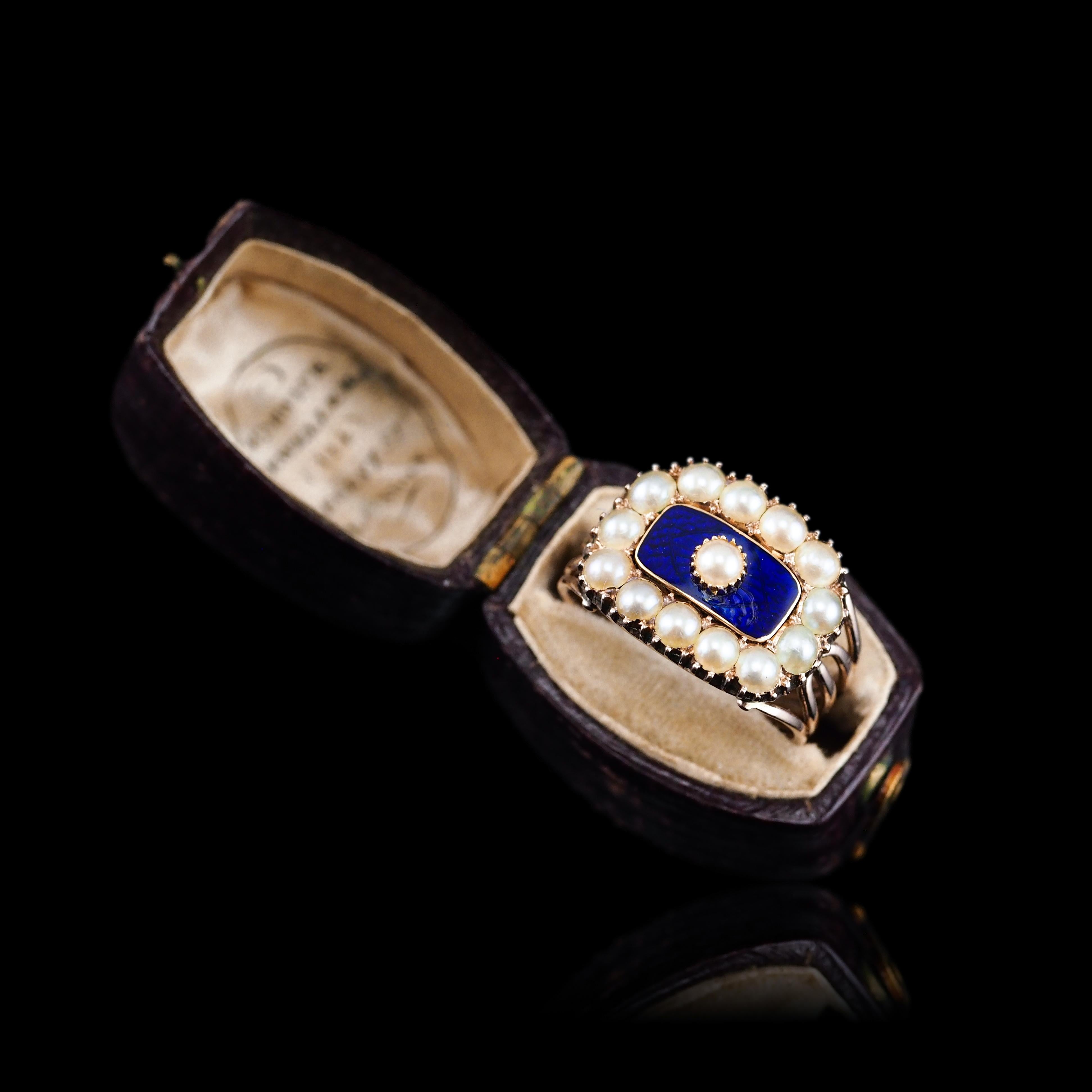 Antique Georgian Ring Blue Enamel & Seed Pearl 14K Gold - c.1800 For Sale 12