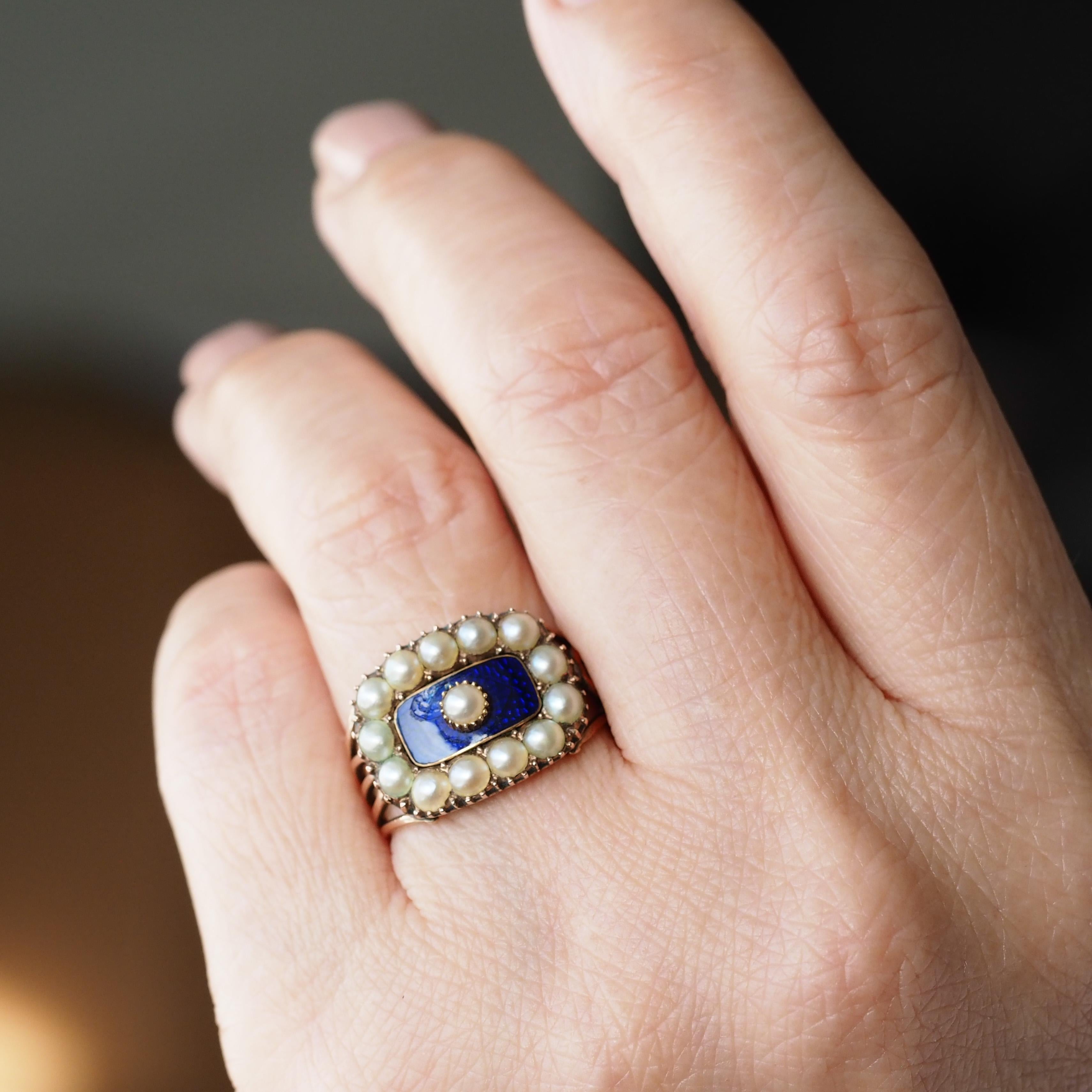 Antique Georgian Ring Blue Enamel & Seed Pearl 14K Gold - c.1800 For Sale 14