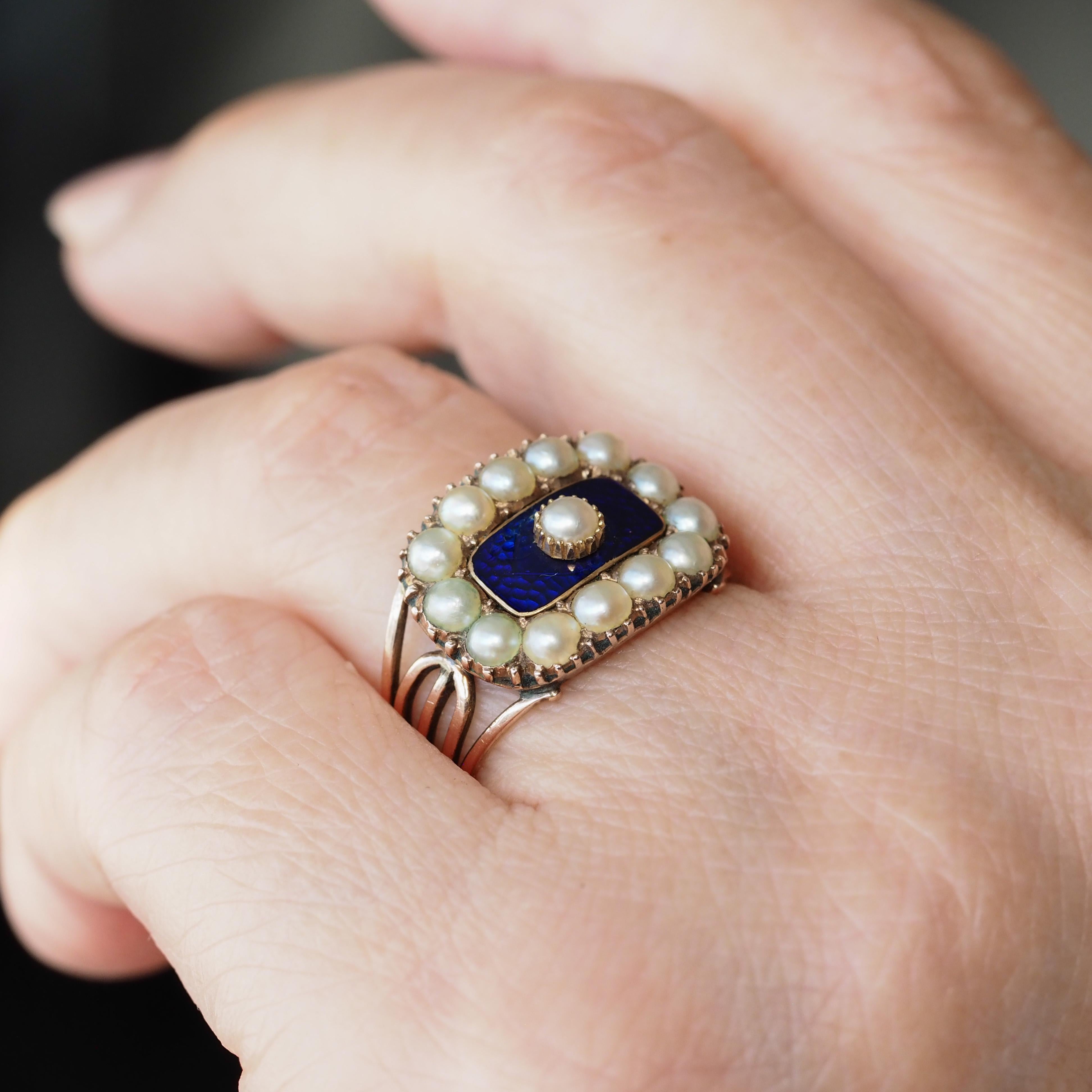 Antique Georgian Ring Blue Enamel & Seed Pearl 14K Gold - c.1800 For Sale 15