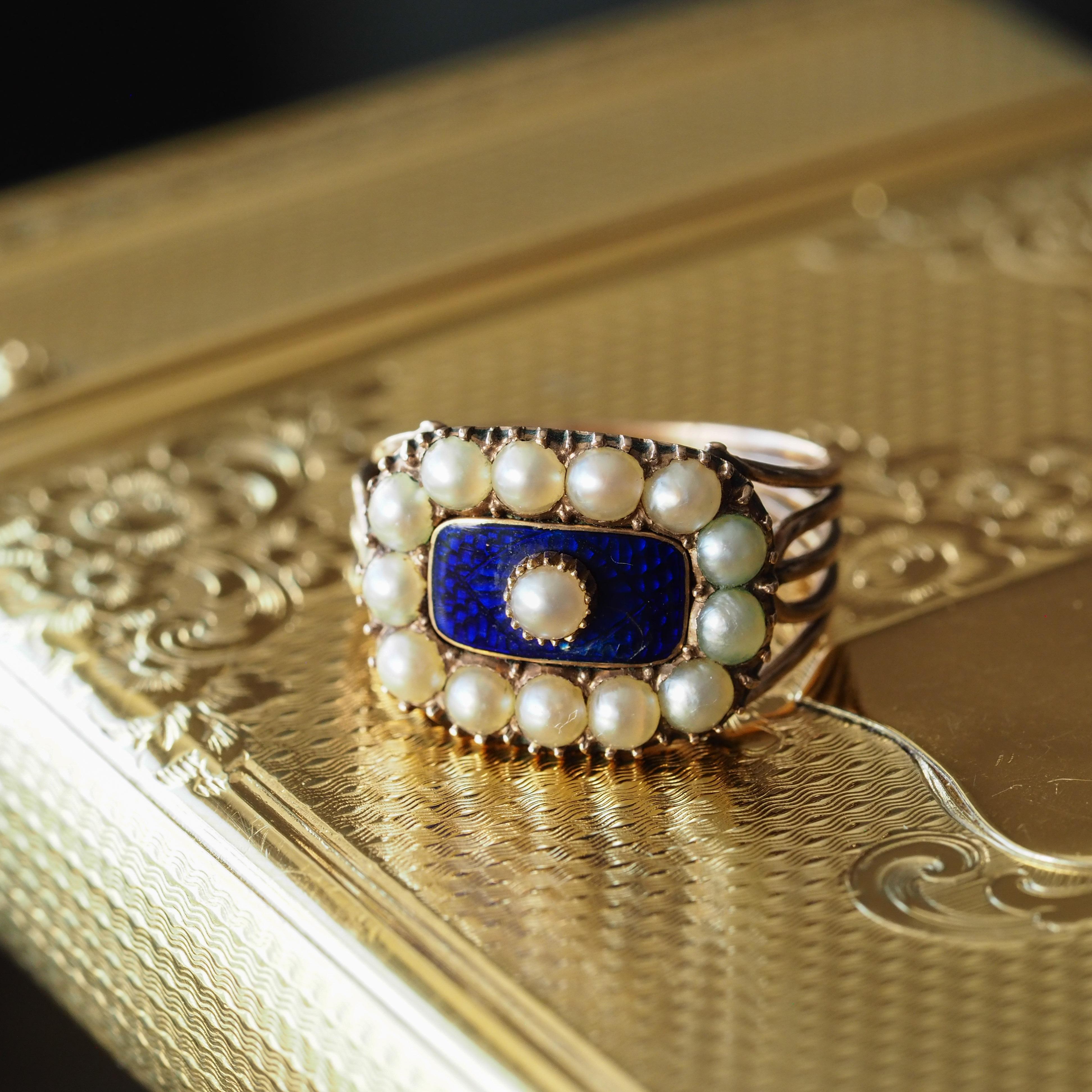 Women's or Men's Antique Georgian Ring Blue Enamel & Seed Pearl 14K Gold - c.1800 For Sale