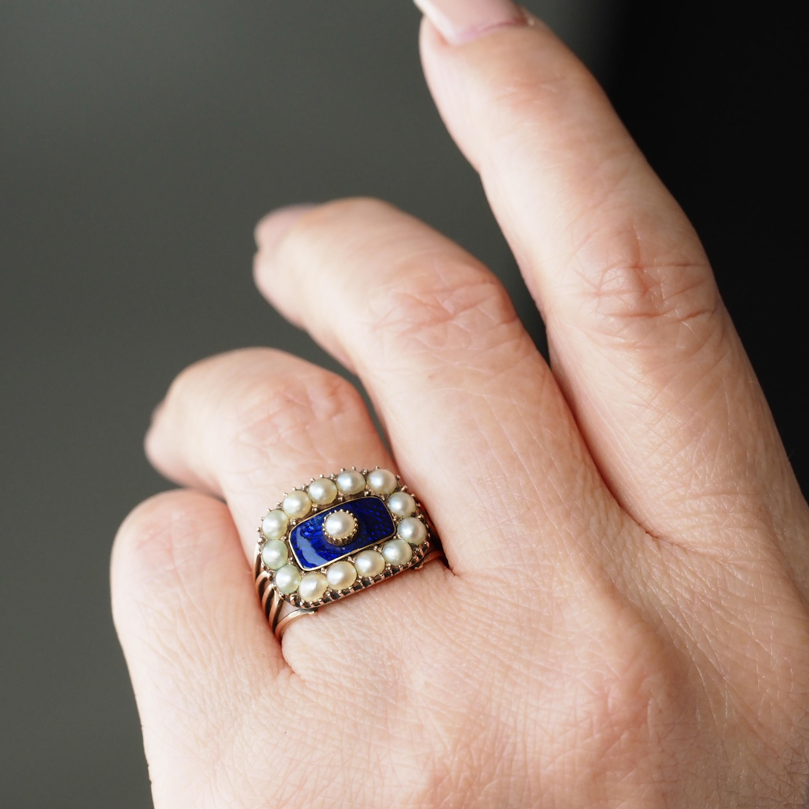 Antique Georgian Ring Blue Enamel & Seed Pearl 14K Gold - c.1800 For Sale 3