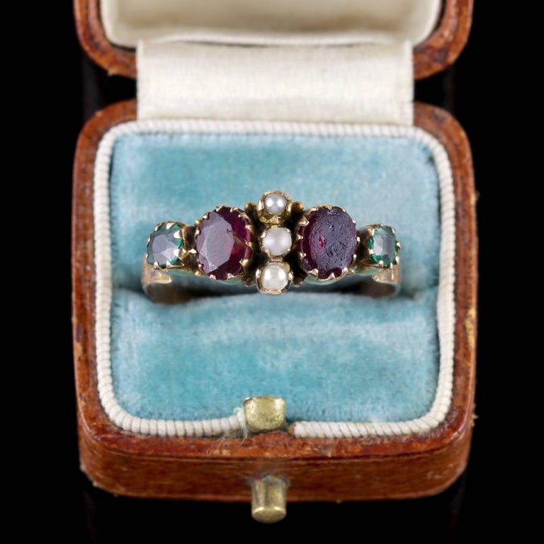 Antique Georgian Ring Garnet Emerald Pearl 15 Carat Gold at 1stDibs