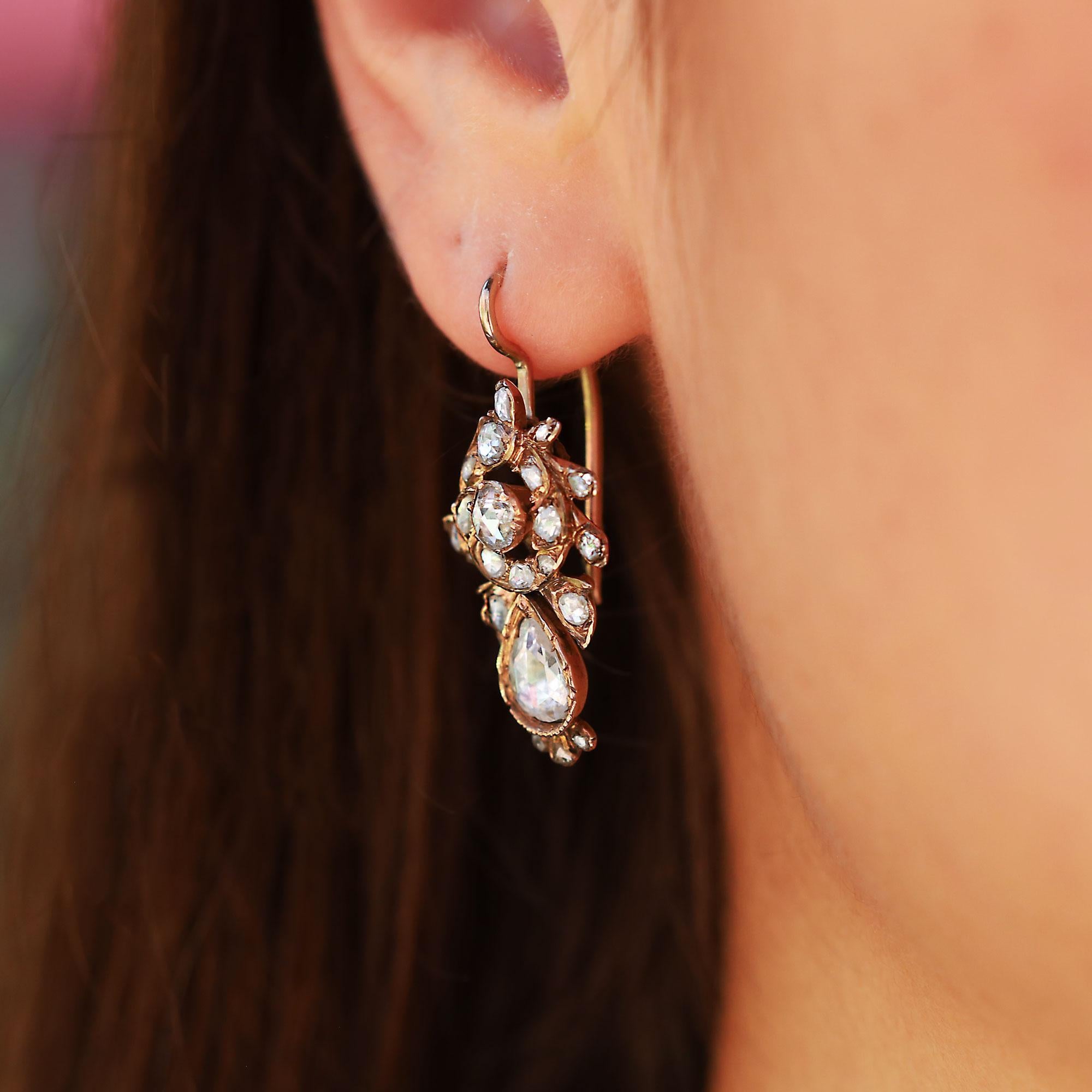 Women's Antique Georgian Rose Cut Diamond Drop Earrings For Sale