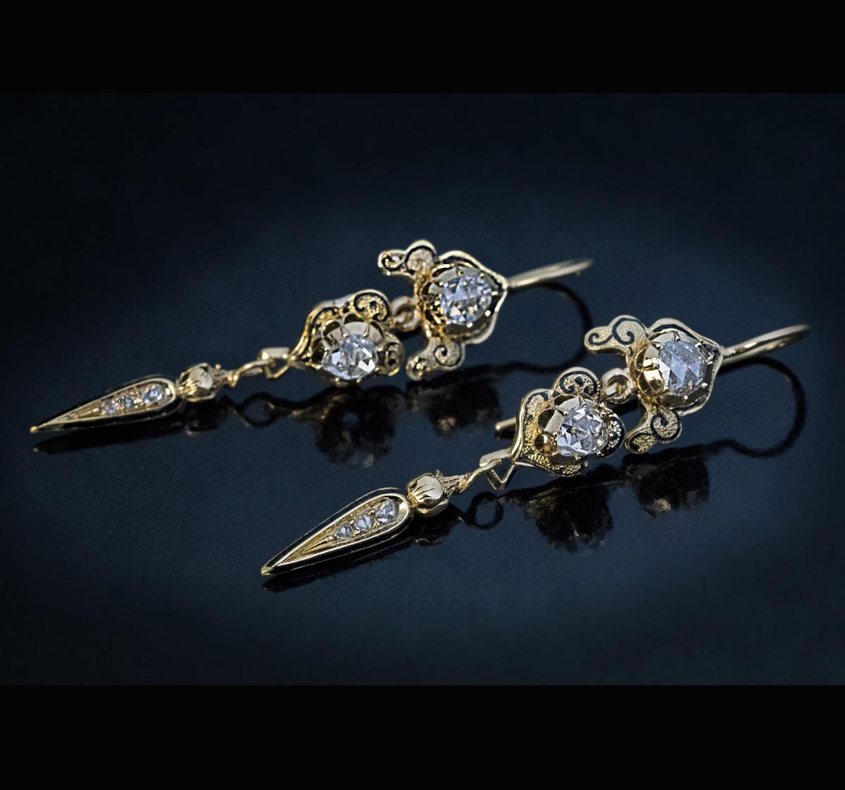 Antique Georgian Rose Cut Diamond Enamel Gold Earrings In Excellent Condition In Chicago, IL