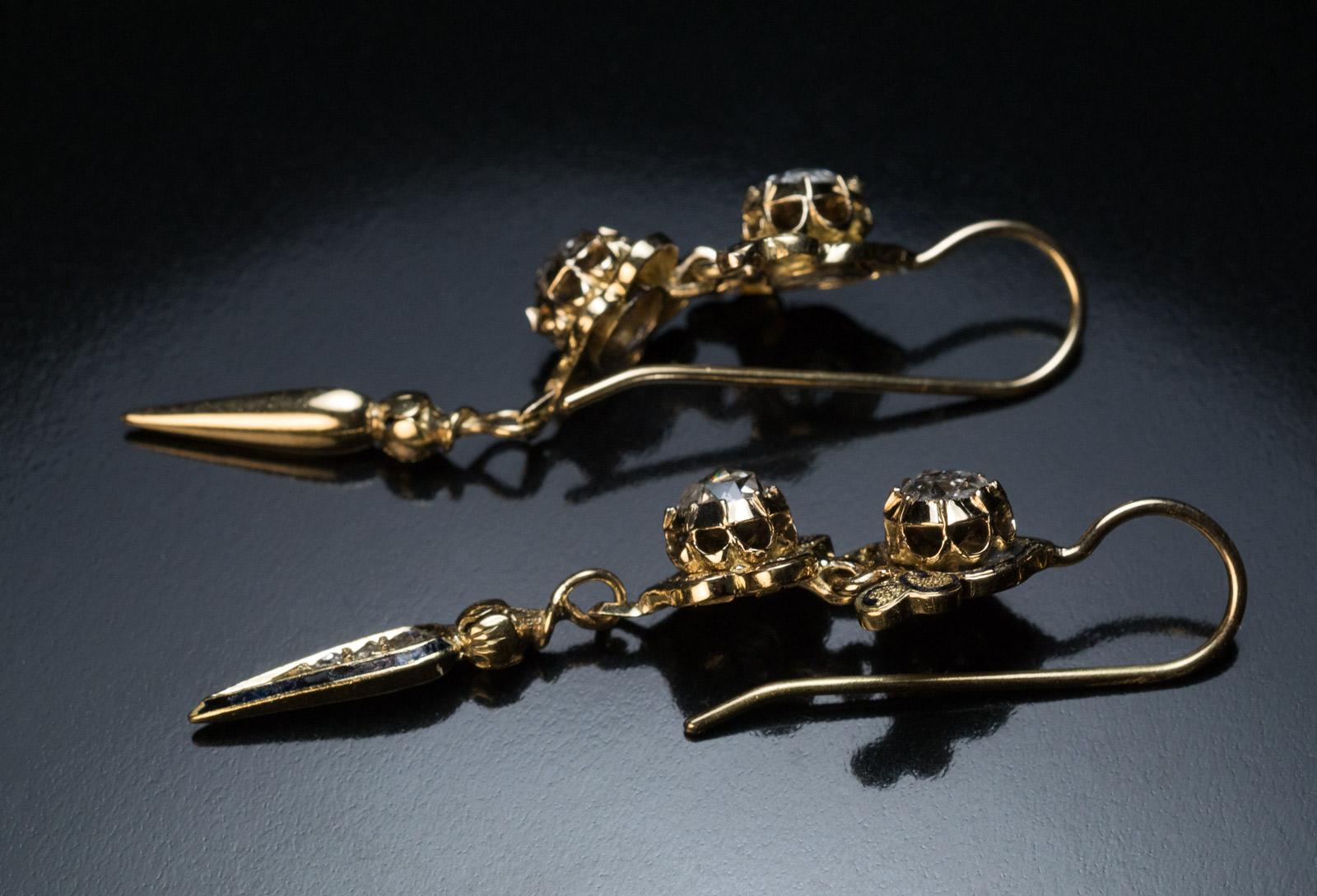 Women's Antique Georgian Rose Cut Diamond Enamel Gold Earrings