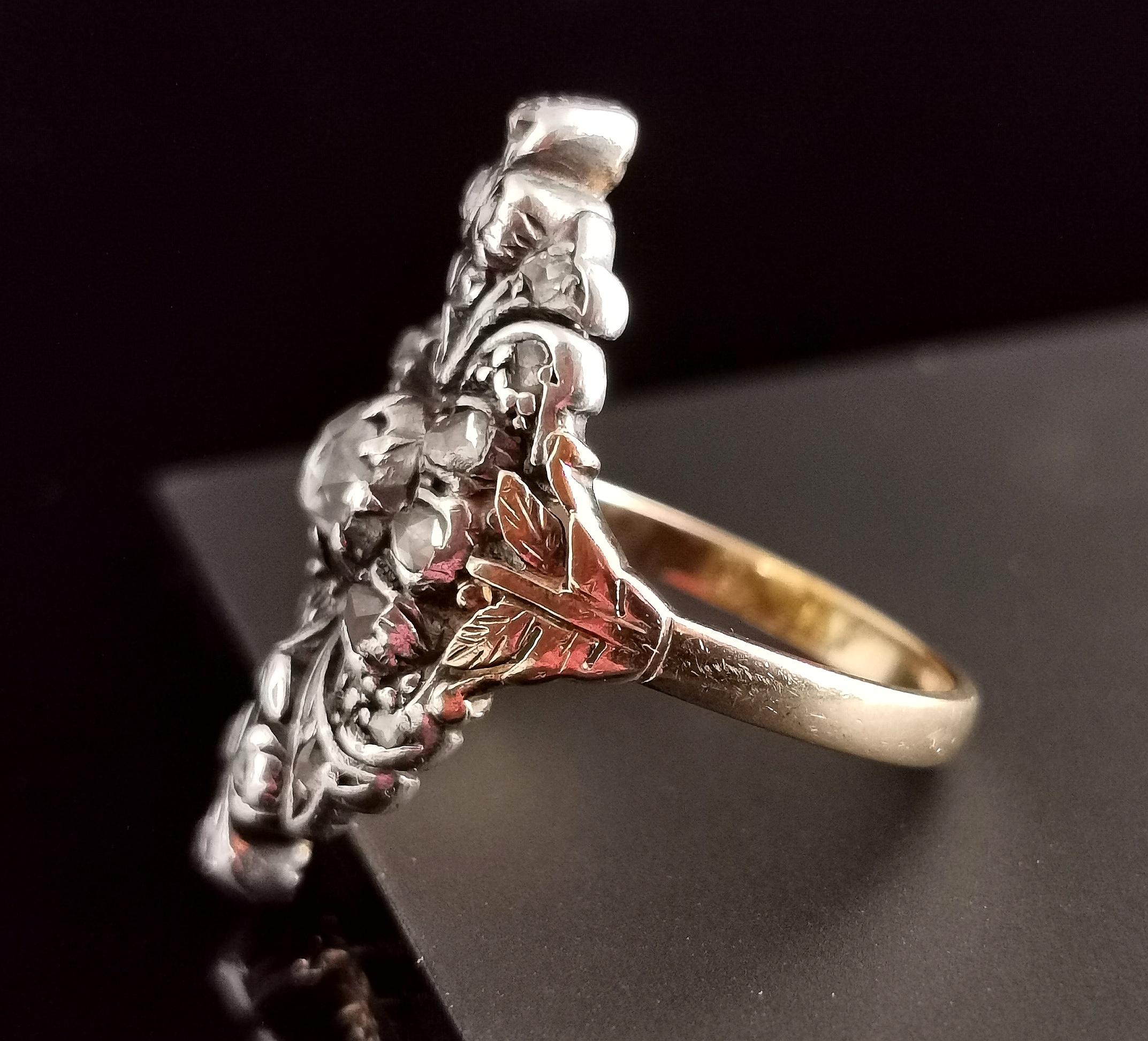 Rose Cut Antique Georgian Rose cut diamond Giardinetti ring, 22k gold and silver 