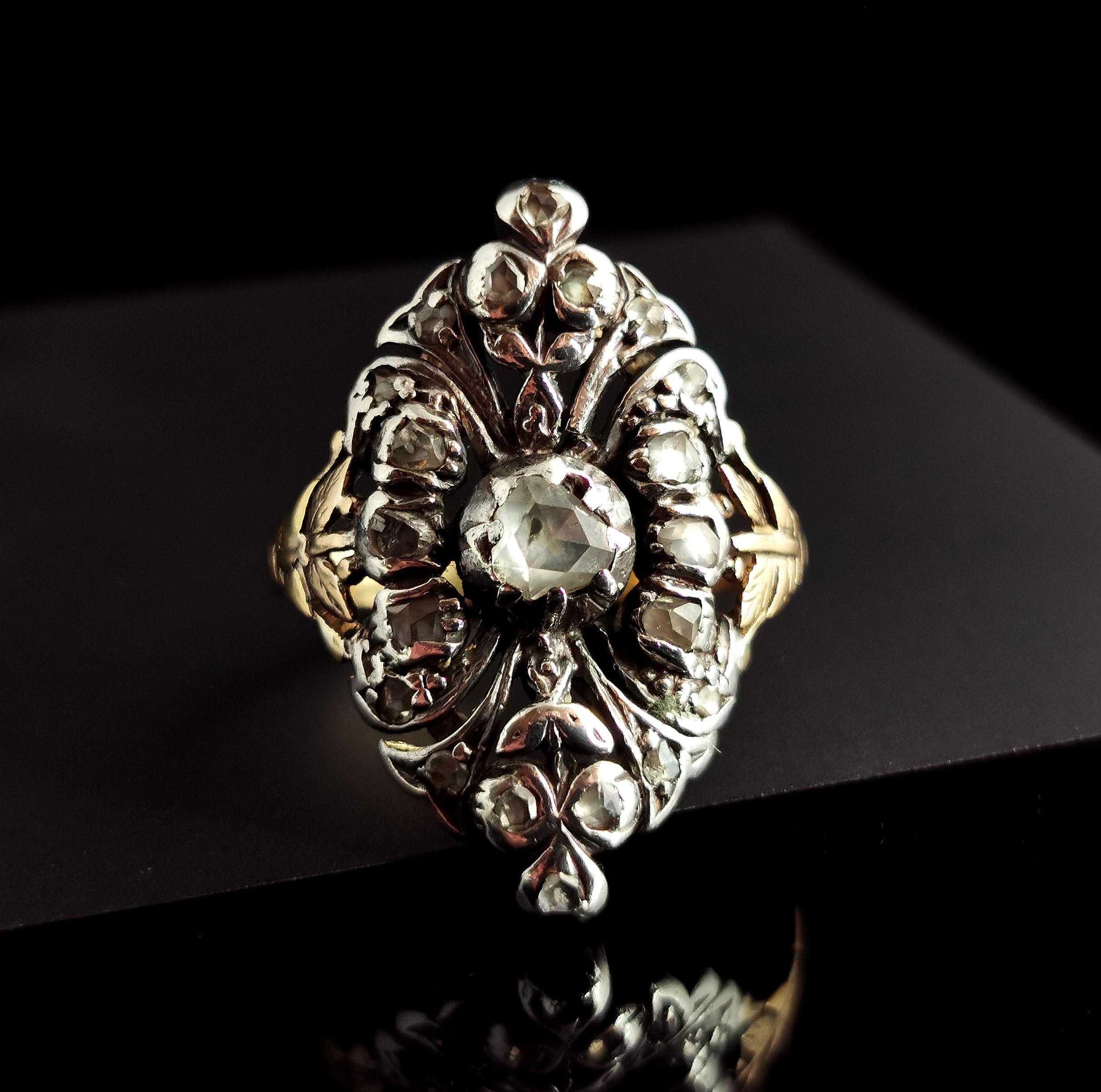 Antique Georgian Rose cut diamond Giardinetti ring, 22k gold and silver  In Fair Condition In NEWARK, GB