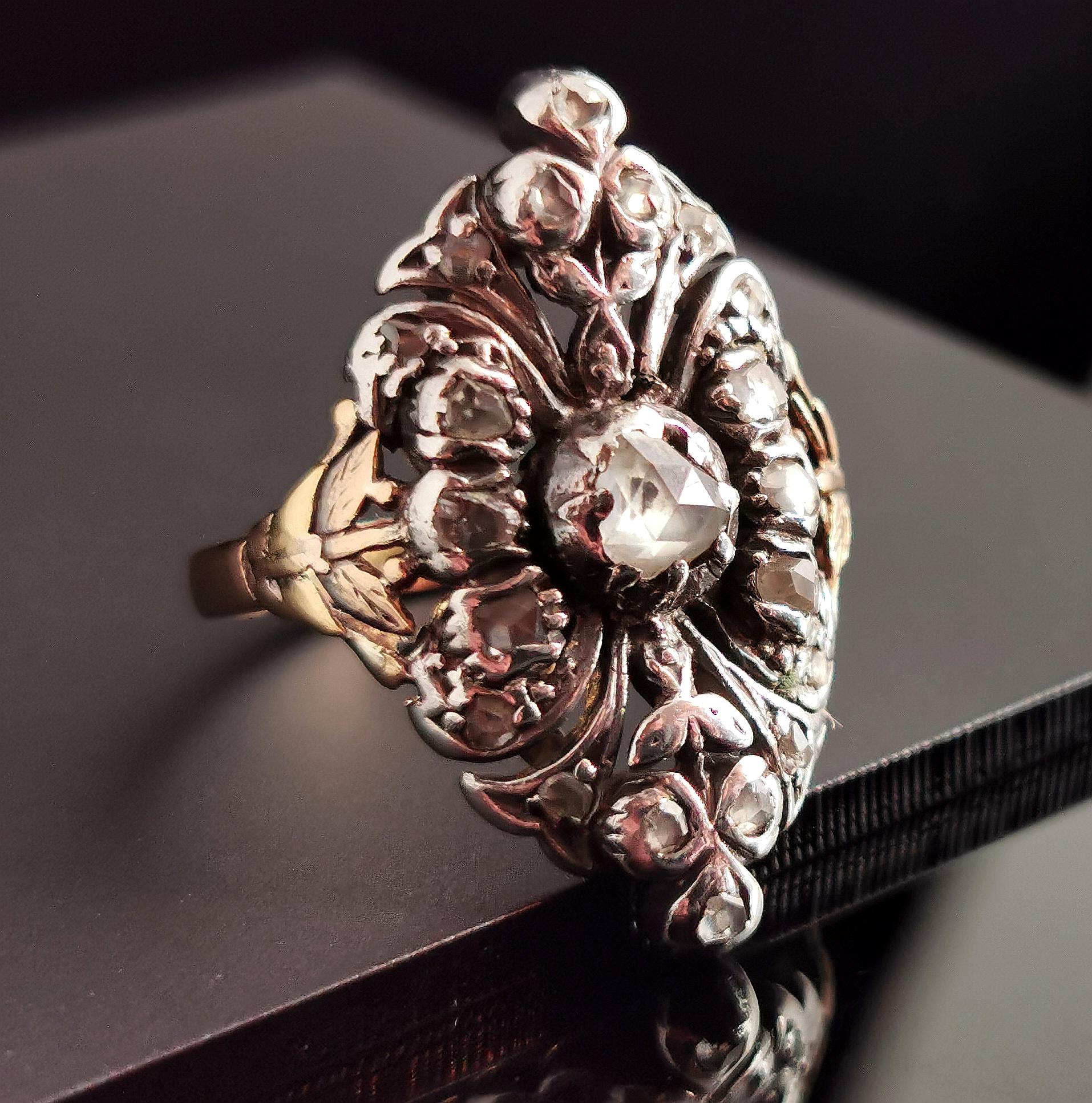 Women's Antique Georgian Rose cut diamond Giardinetti ring, 22k gold and silver 
