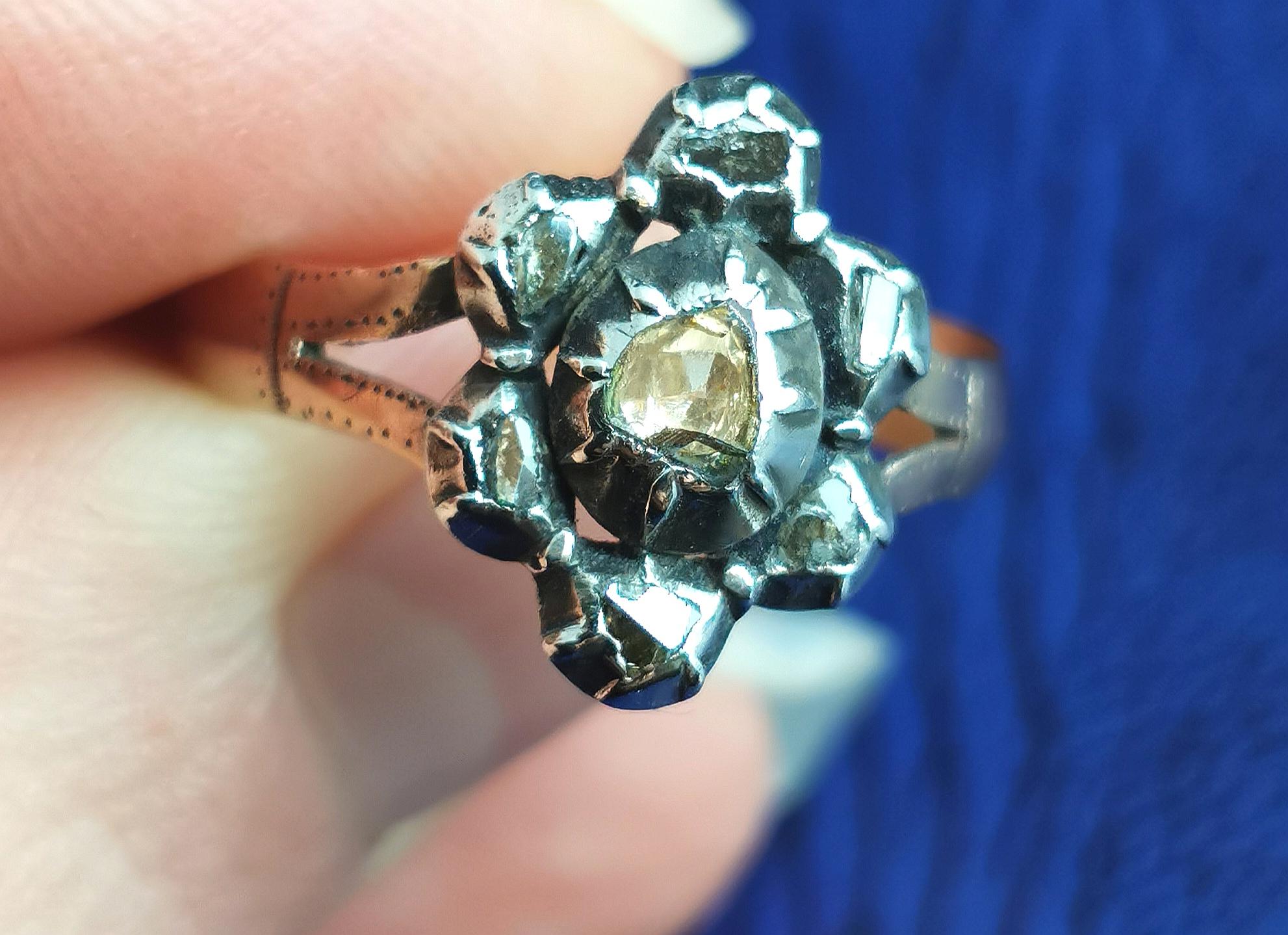 Antique Georgian Rose Cut Diamond Navette Ring, 9k Rose Gold and Silver  9