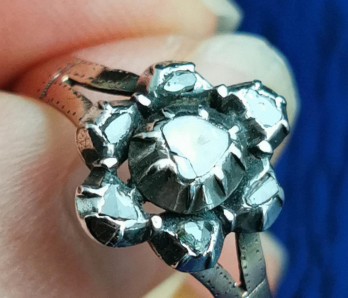 Antique Georgian Rose Cut Diamond Navette Ring, 9k Rose Gold and Silver  10