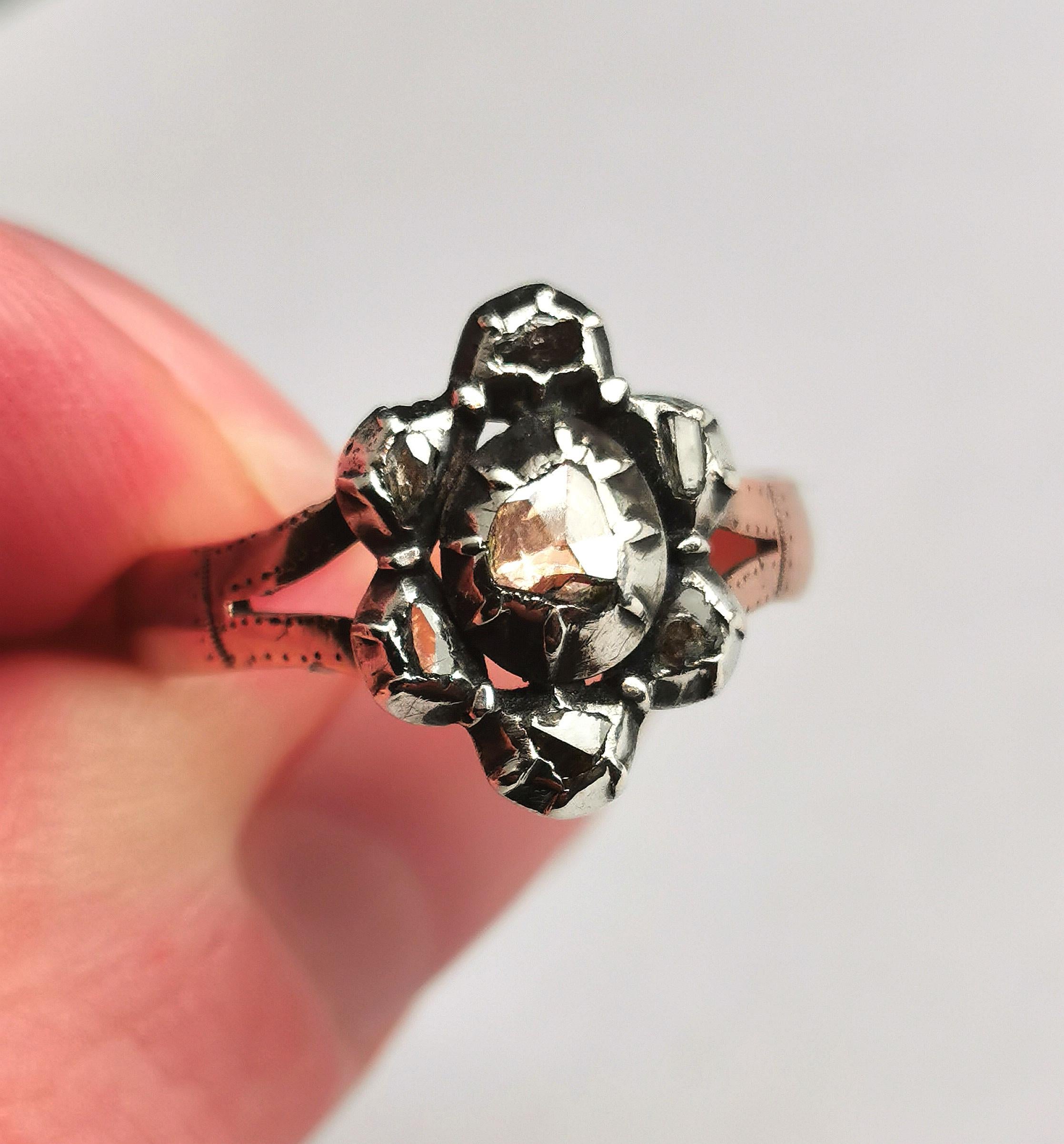 Women's or Men's Antique Georgian Rose Cut Diamond Navette Ring, 9k Rose Gold and Silver 
