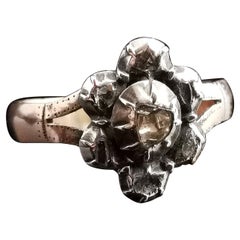 Antique Georgian Rose Cut Diamond Navette Ring, 9k Rose Gold and Silver