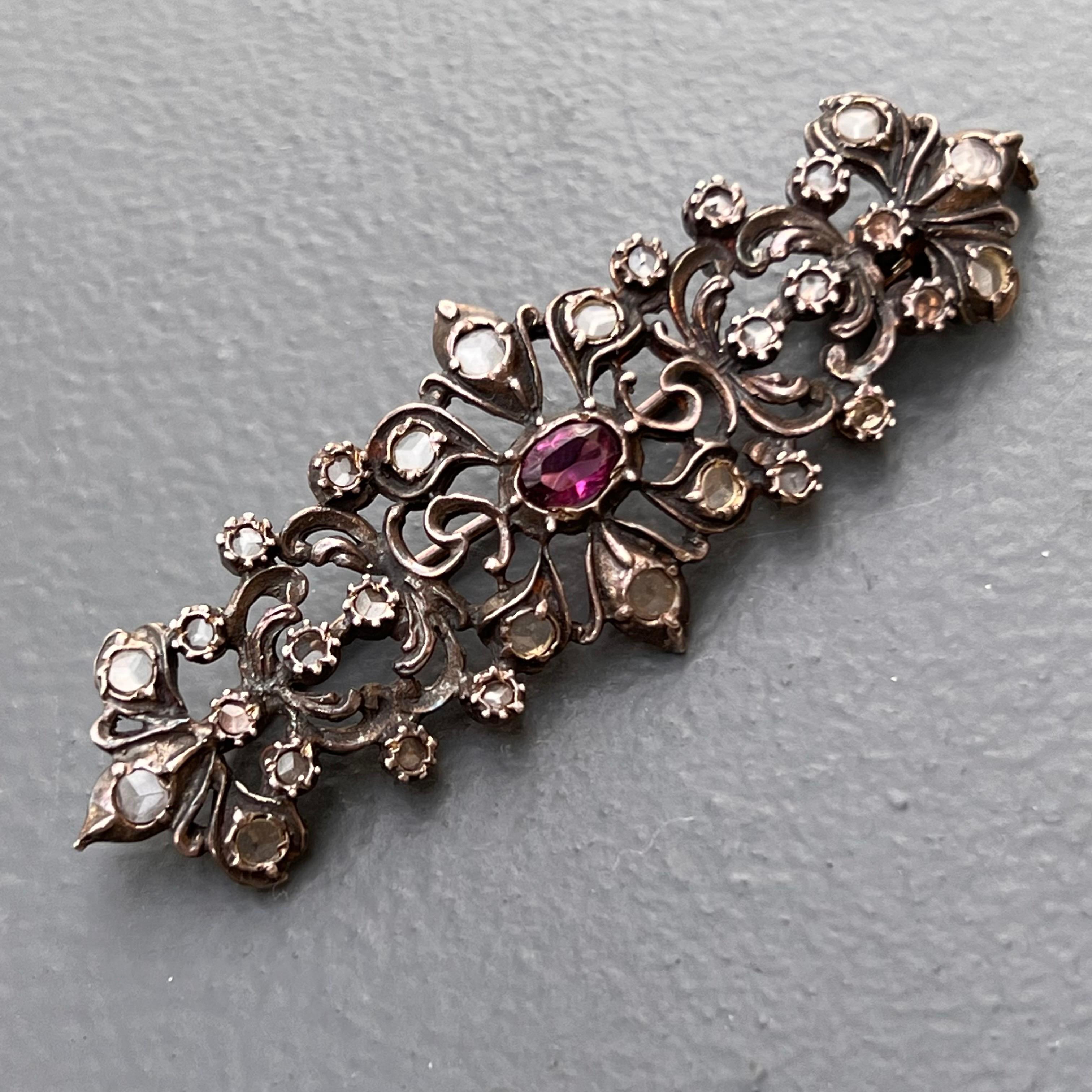 Antique Georgian Rose Cut Sapphire Amethyst Pin Brooch In Good Condition For Sale In Plainsboro, NJ
