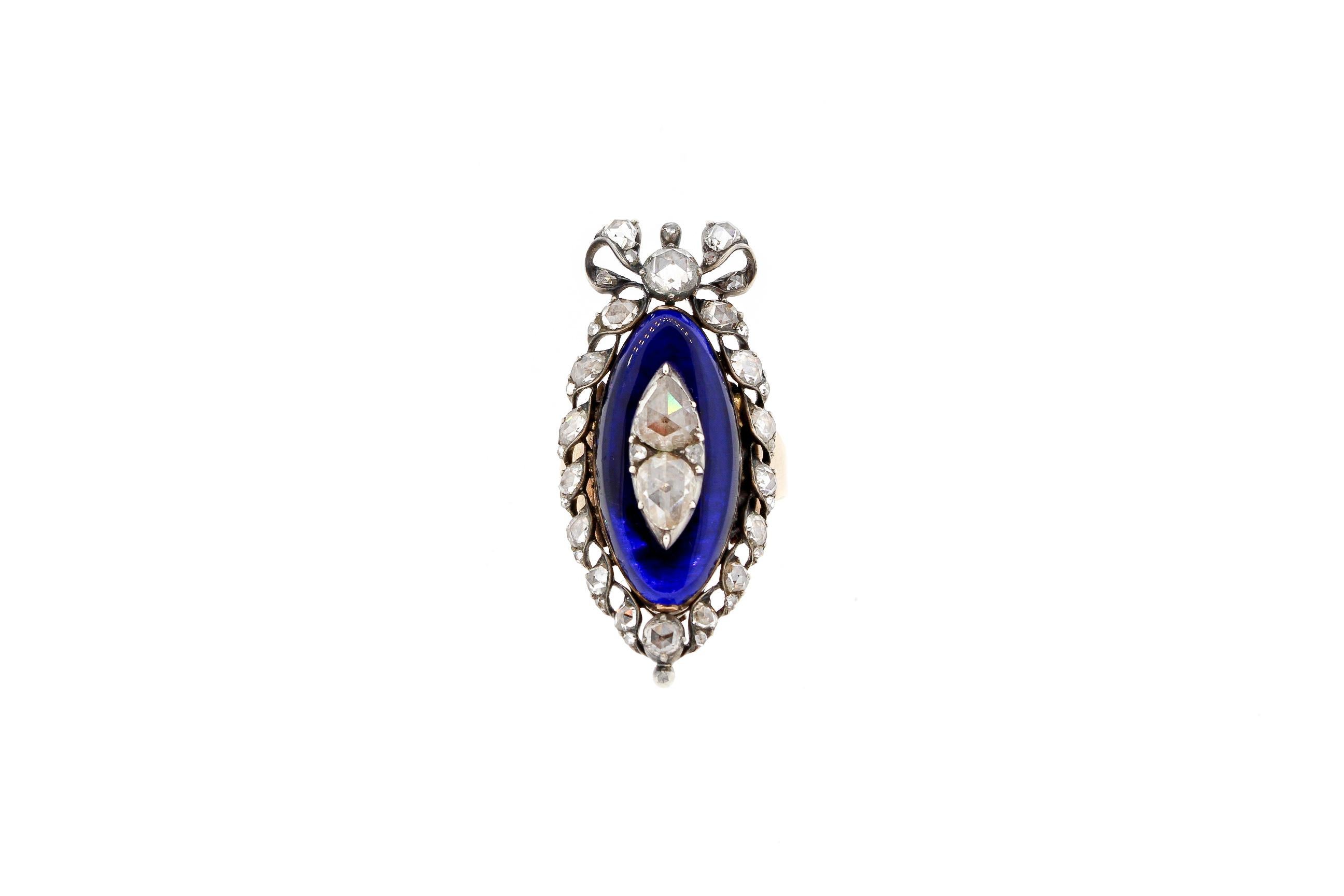 Women's or Men's Antique Georgian Rosecut Diamond Blue Glass Gold Navette Ring