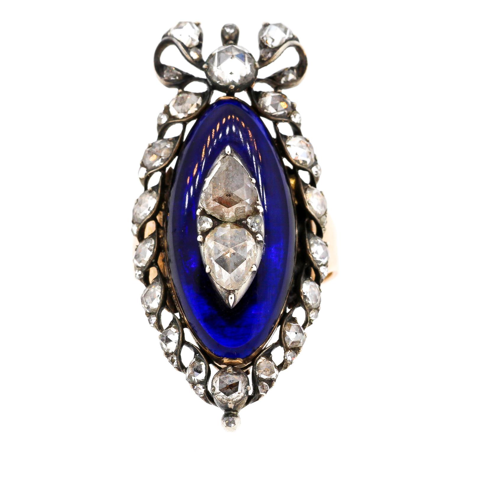 Antique Georgian Rosecut Diamond Blue Glass Gold Navette Ring